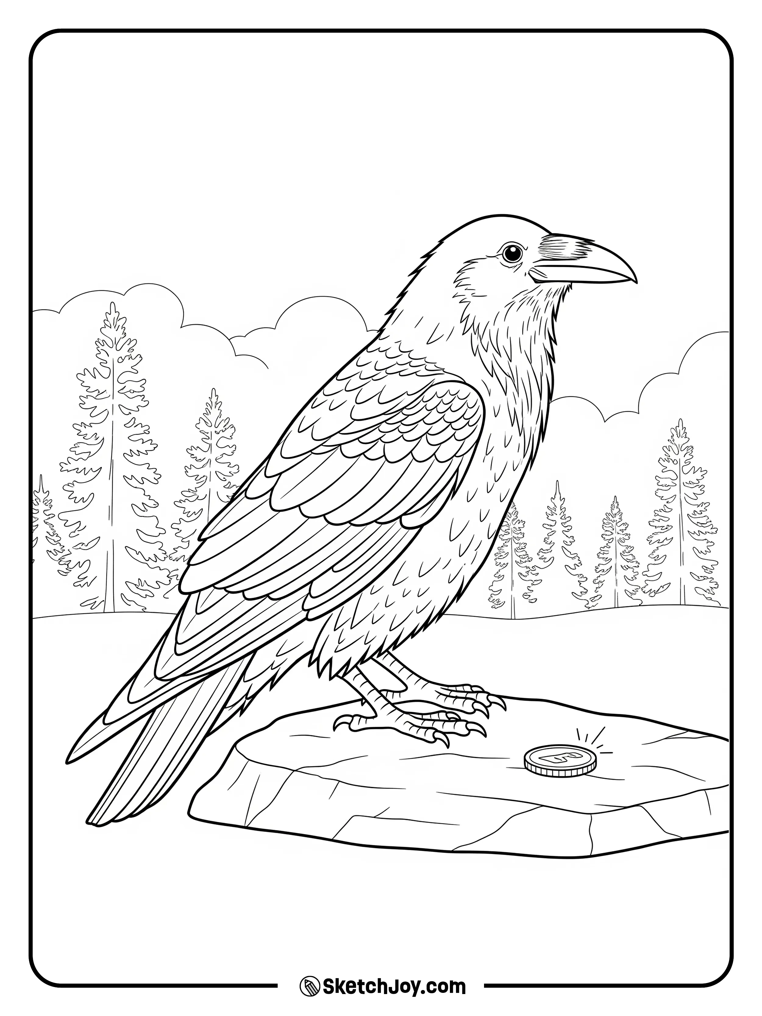 A smart raven eyes a small coin on a rock.