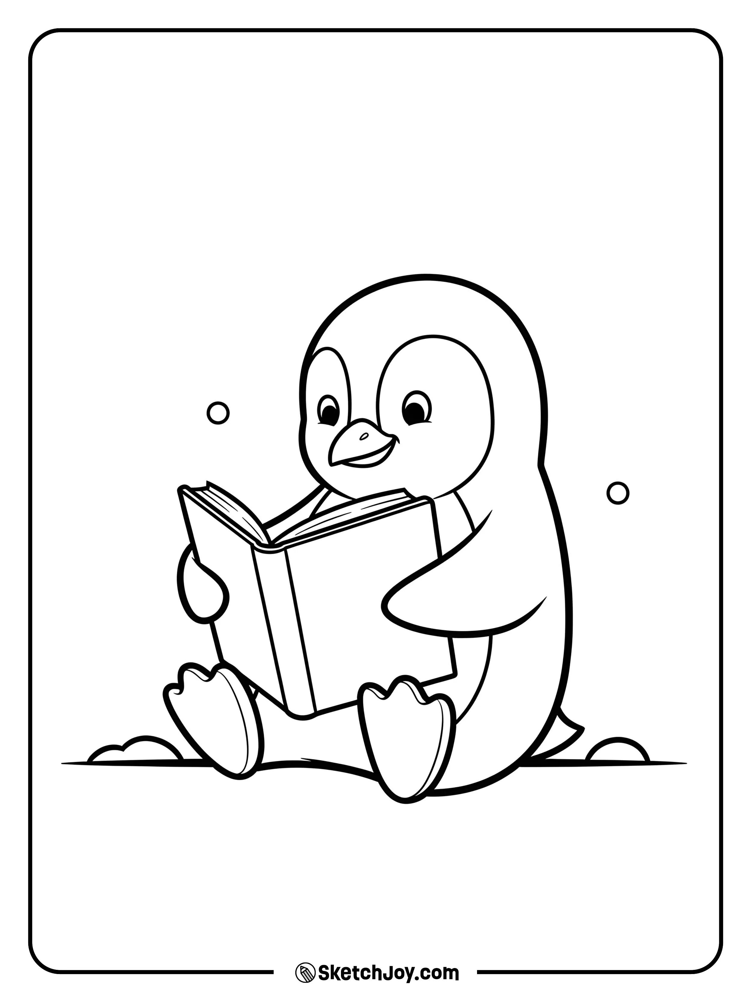 A penguin reads a small book while sitting.