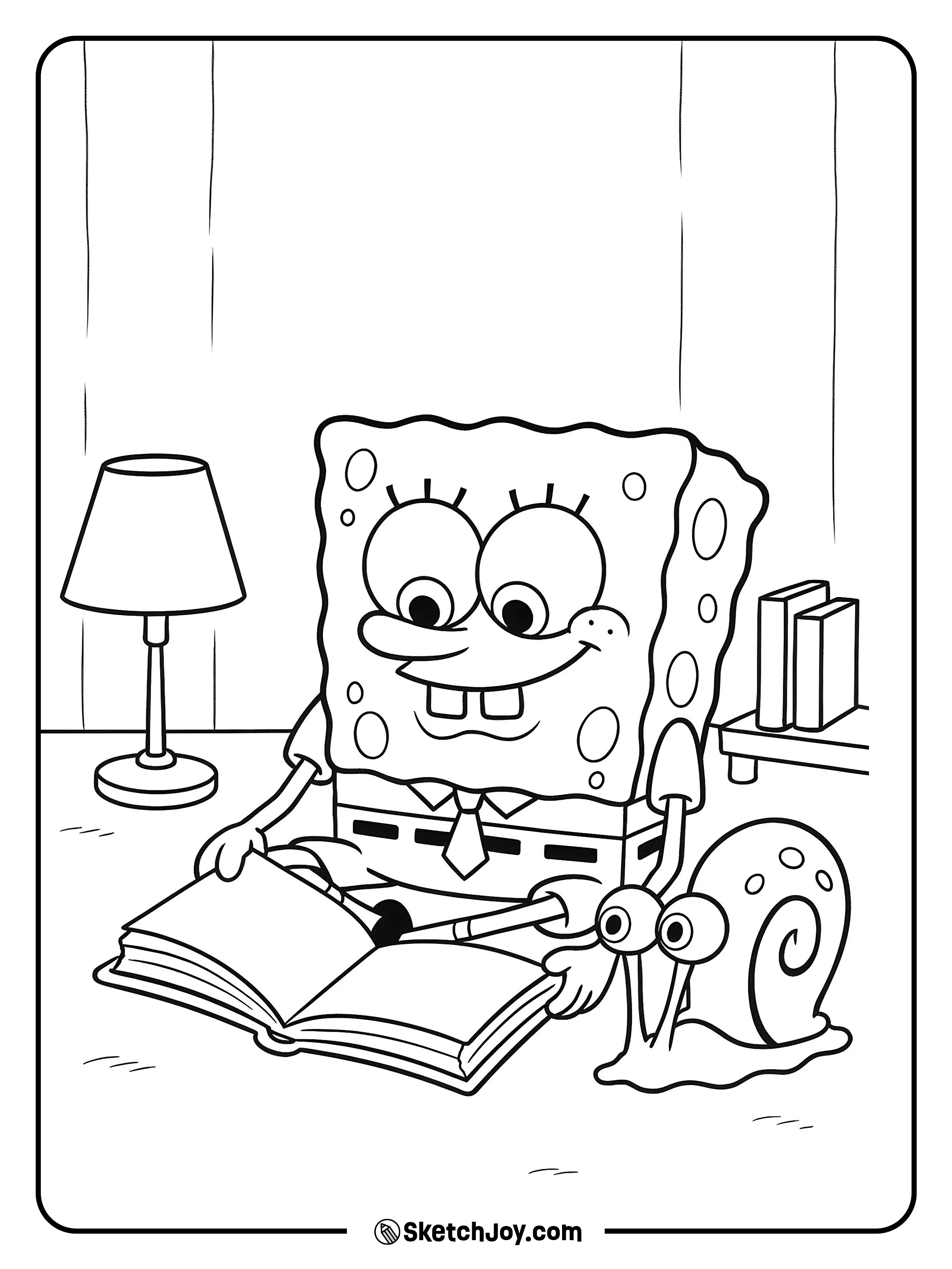 SpongeBob reads on the floor while Gary peeks over the book edge. A