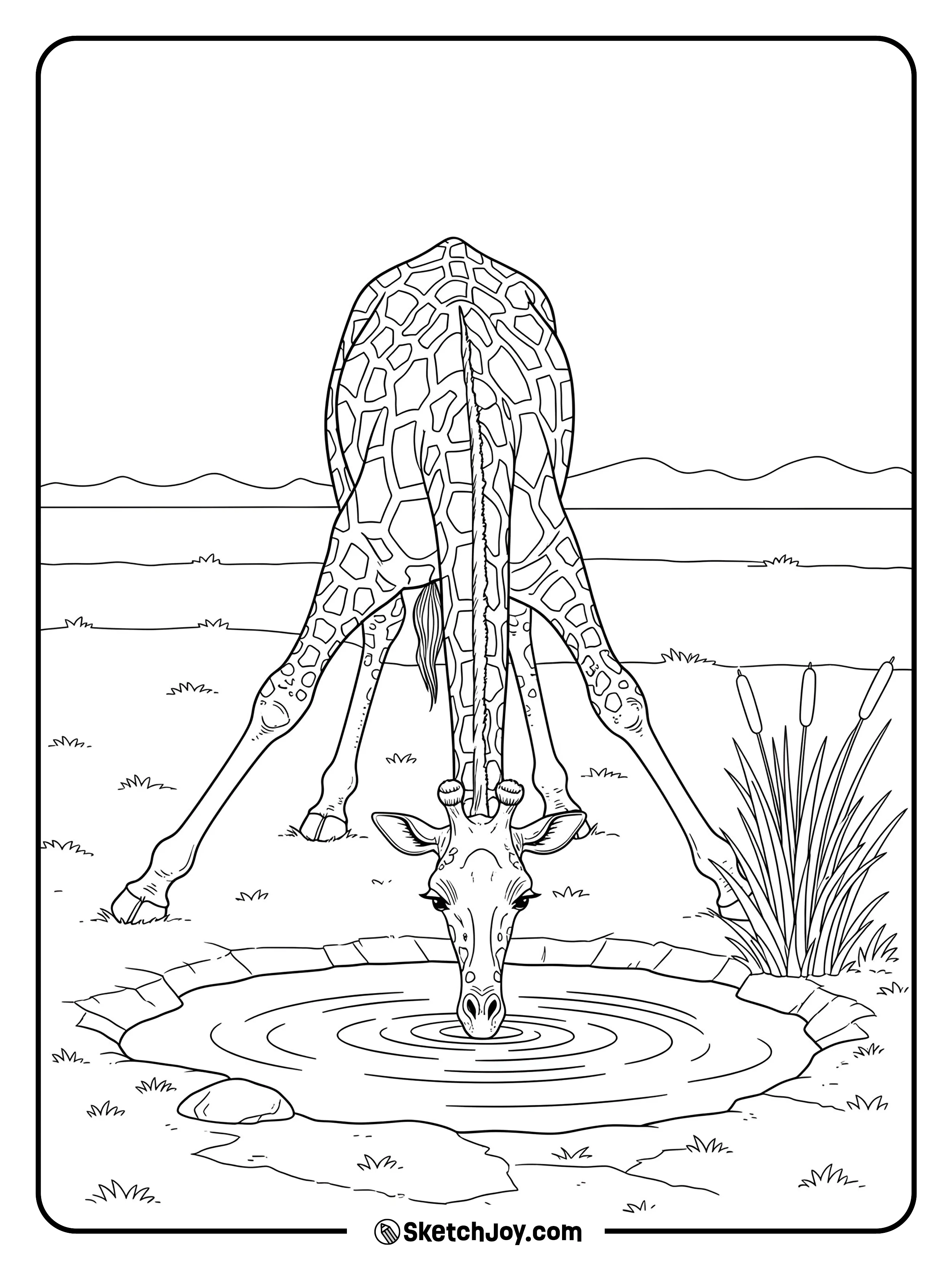 A giraffe spreads its legs to sip from a puddle.