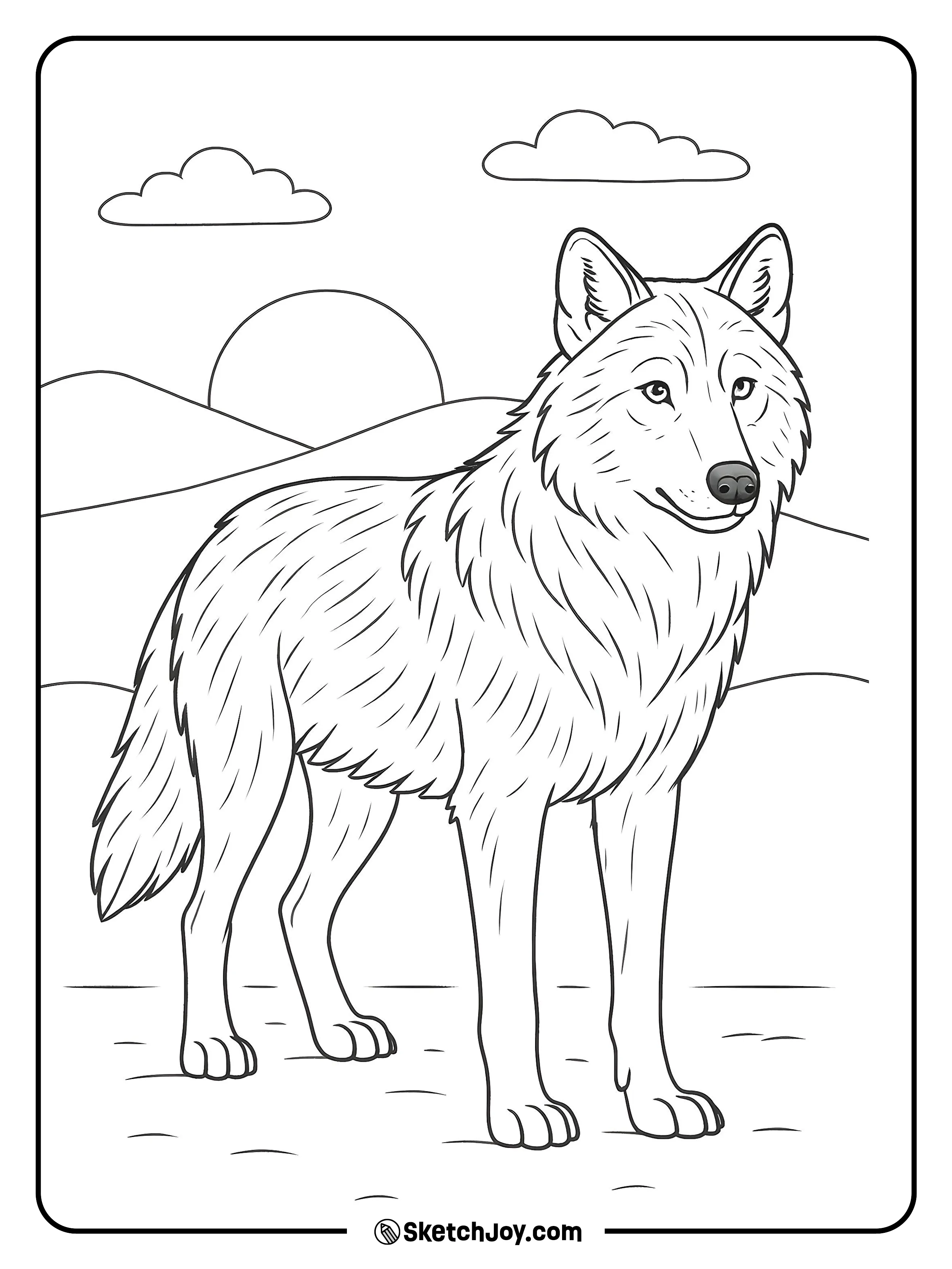 A strong wolf stands on a ridge with wind in its fur.