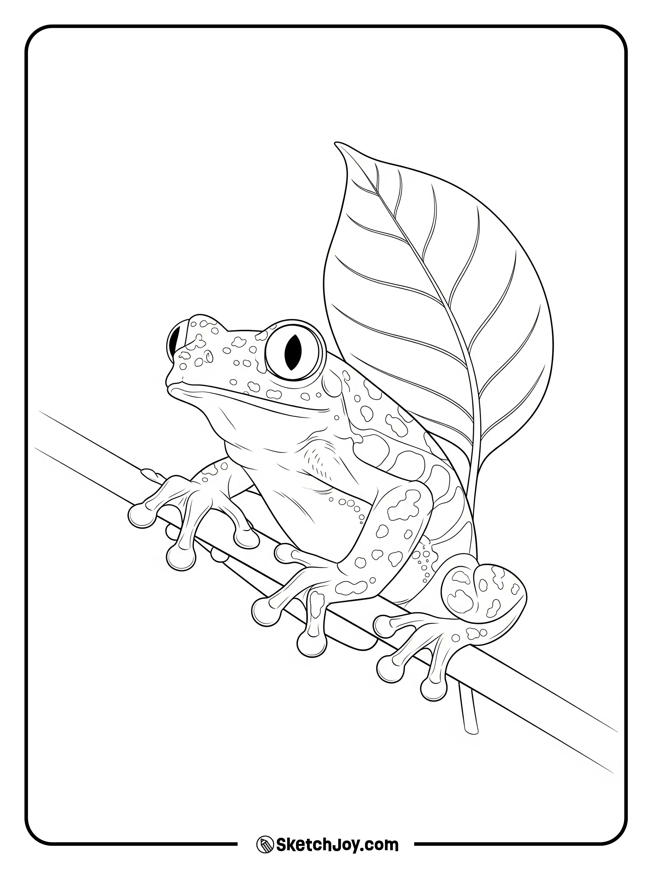 A detailed tree frog grips a branch and stares ahead.