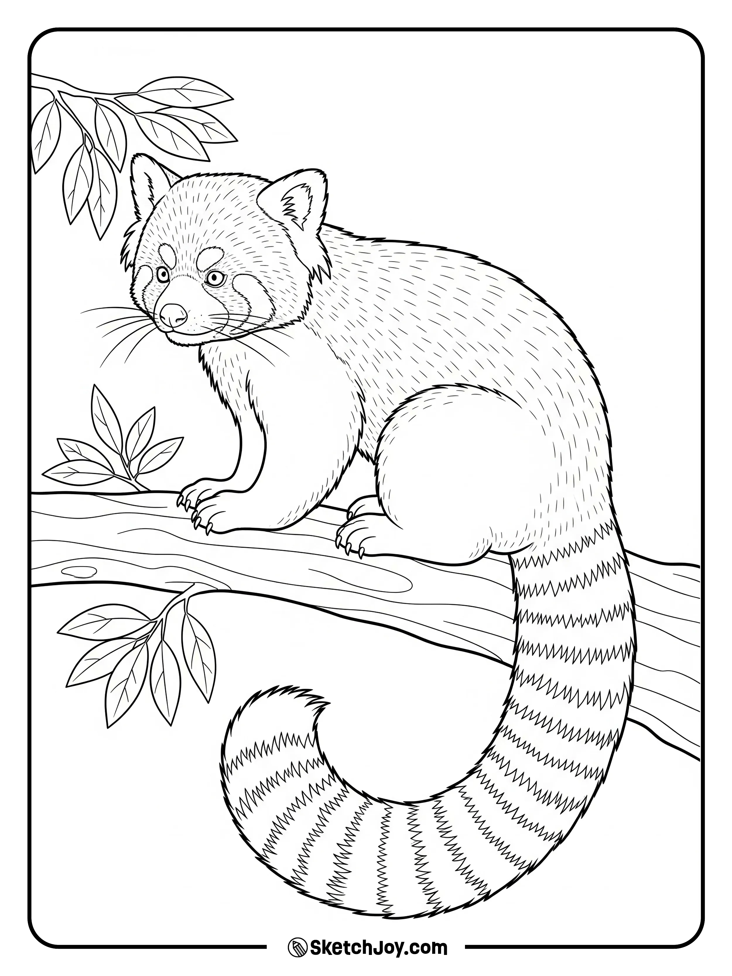 A fluffy red panda balances on a branch.