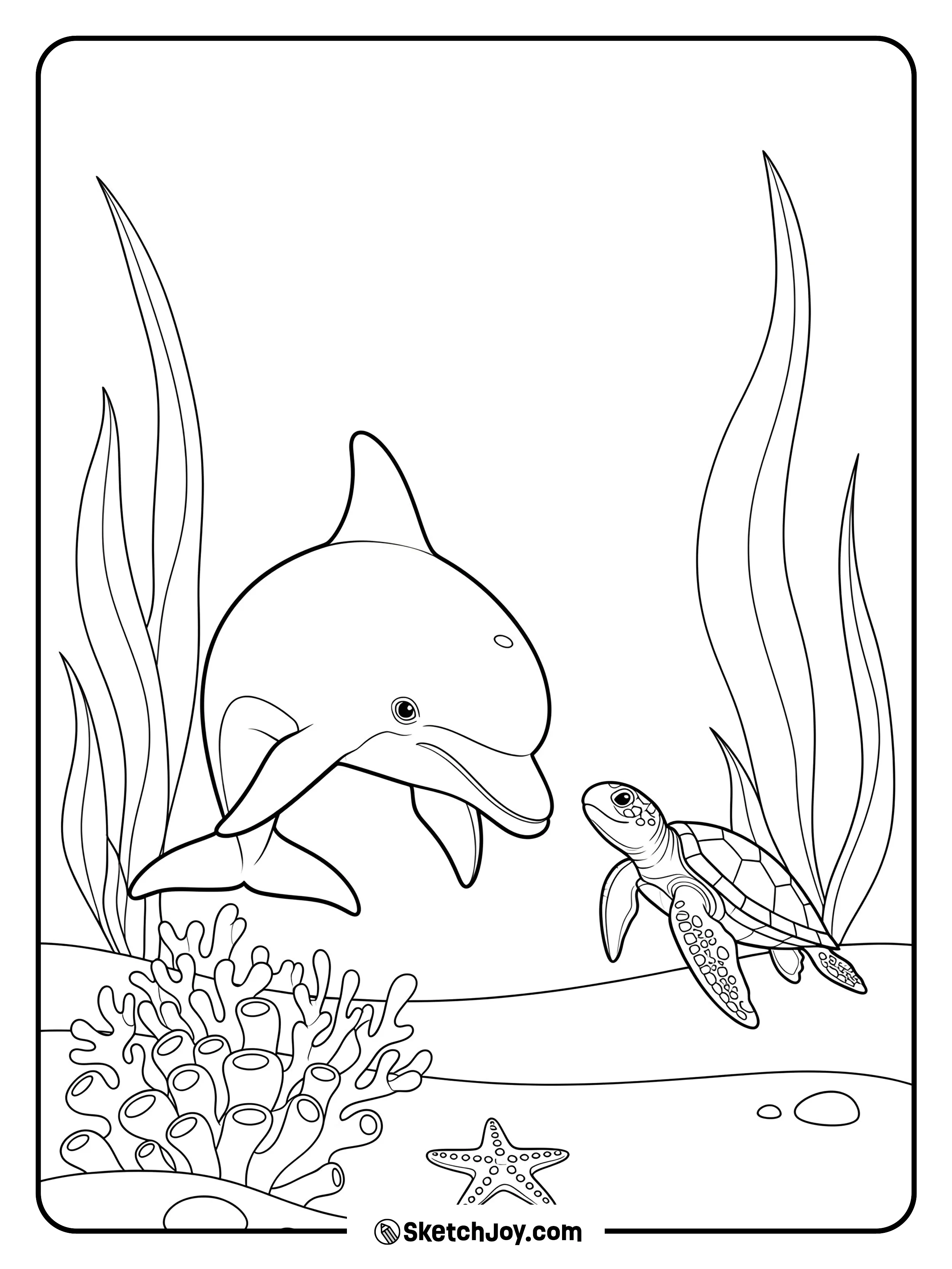 A friendly dolphin meets a small sea turtle near one coral clump and a starfish.