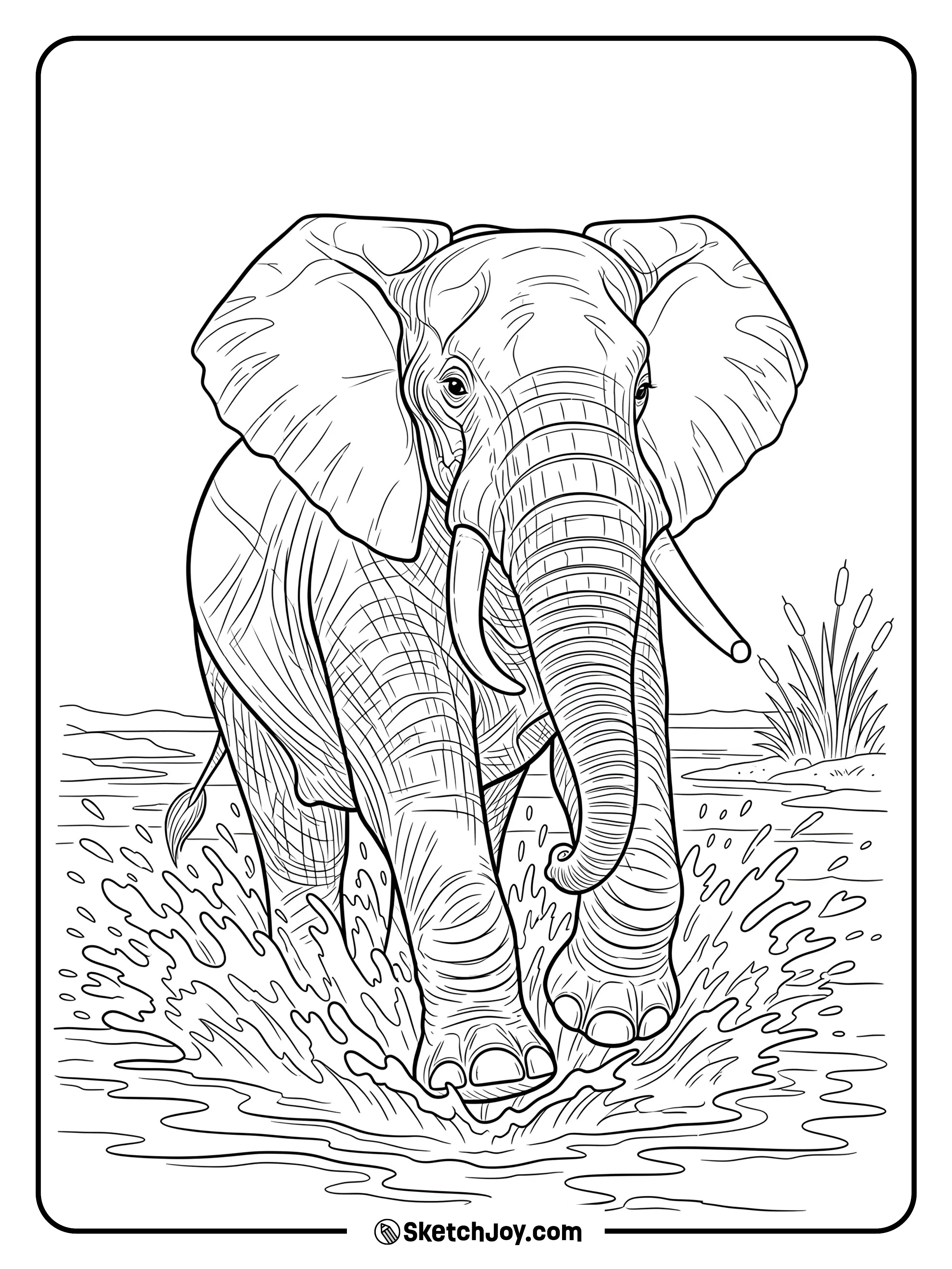 A powerful elephant splashes forward through shallow water.