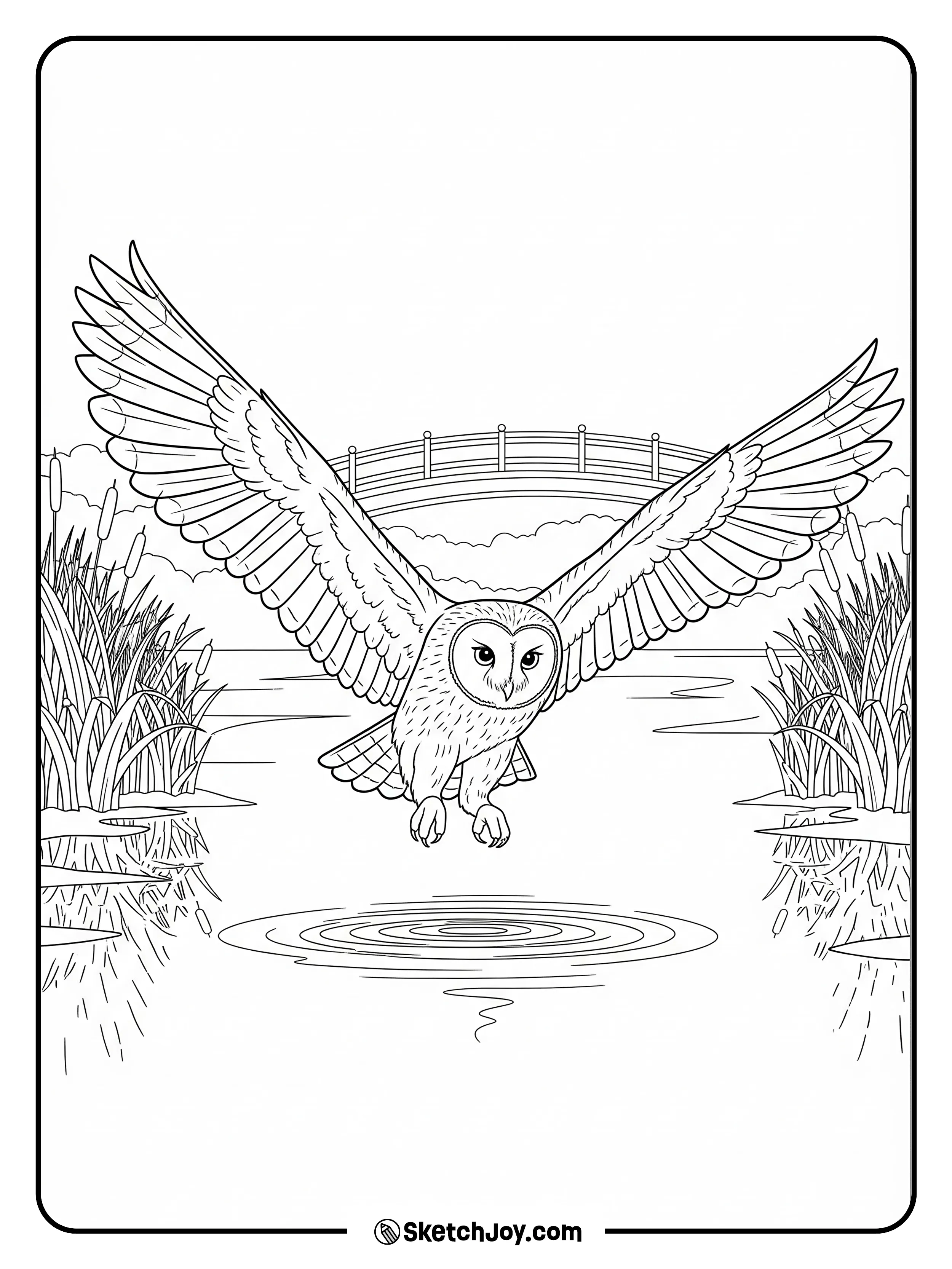 An owl flies low over a calm river with a small bridge ahead.
