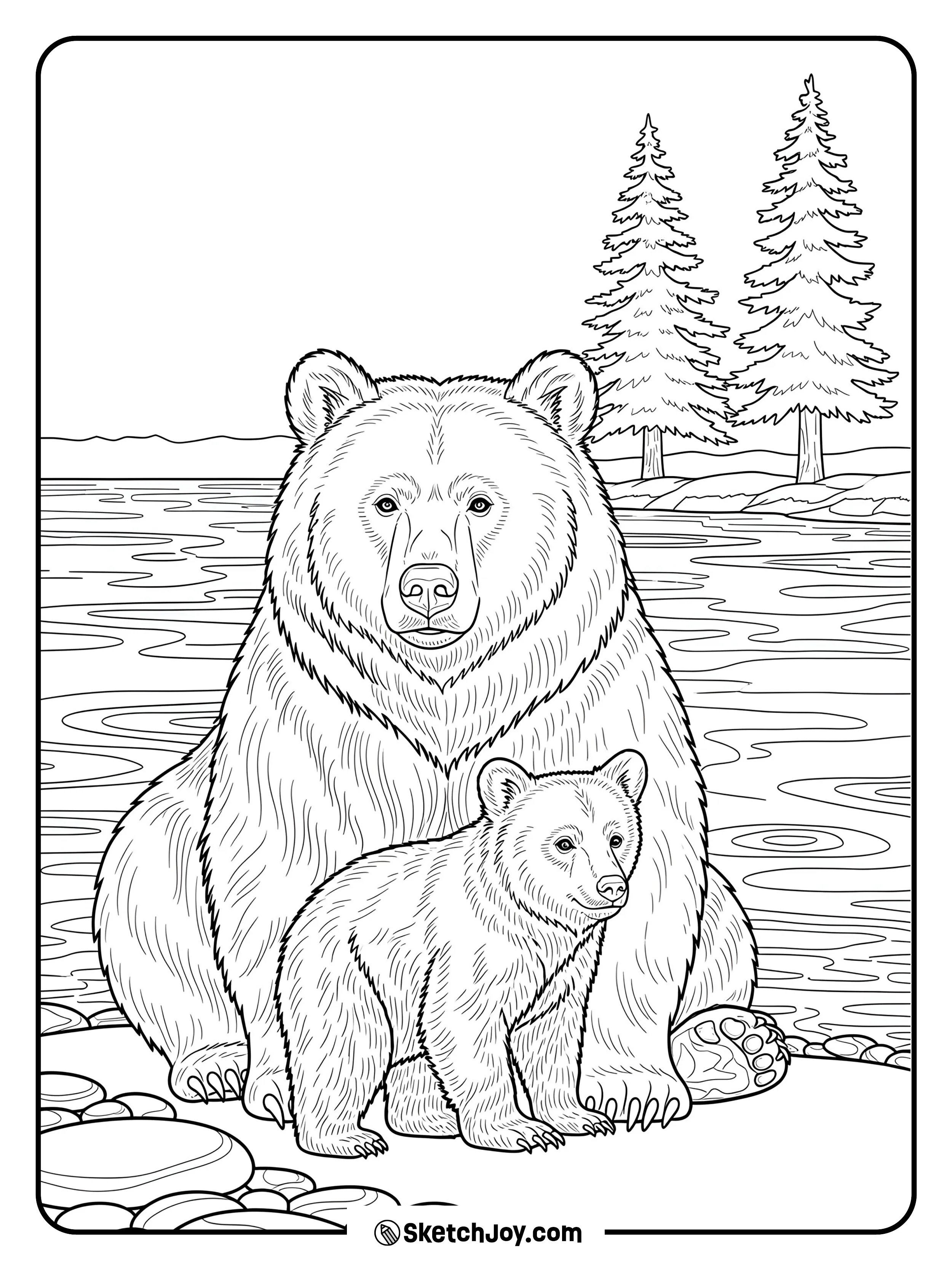 A mother bear and cub wade through a clear river with mirrored shapes.
