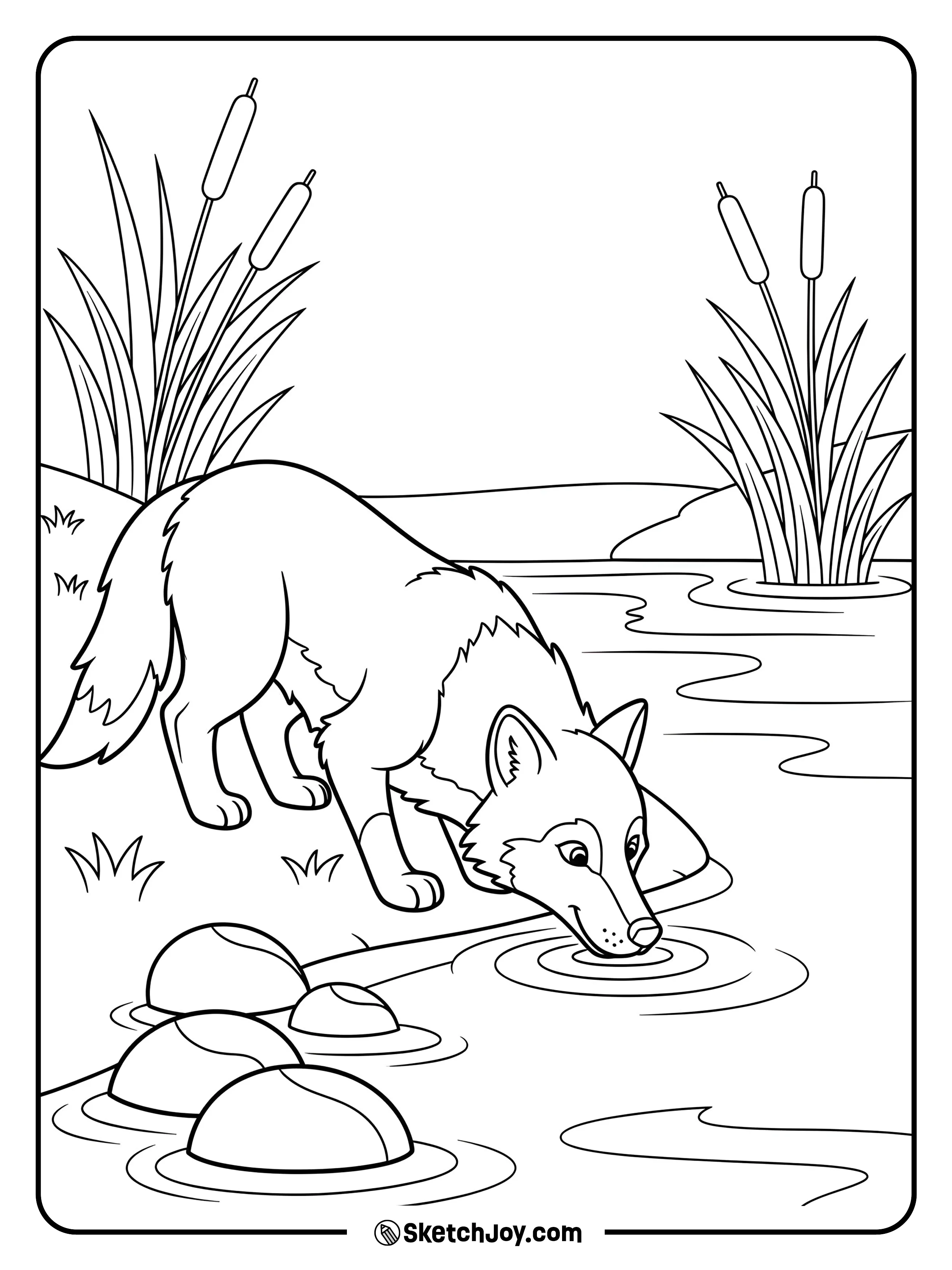 A thirsty wolf lowers its muzzle to a slow river.