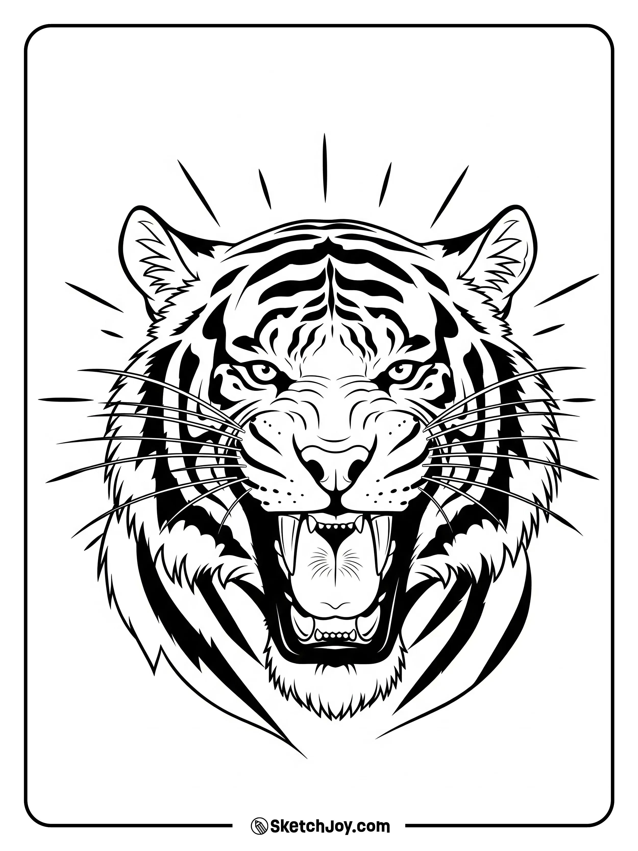 A roaring head fills the page. Short rays shine behind it.