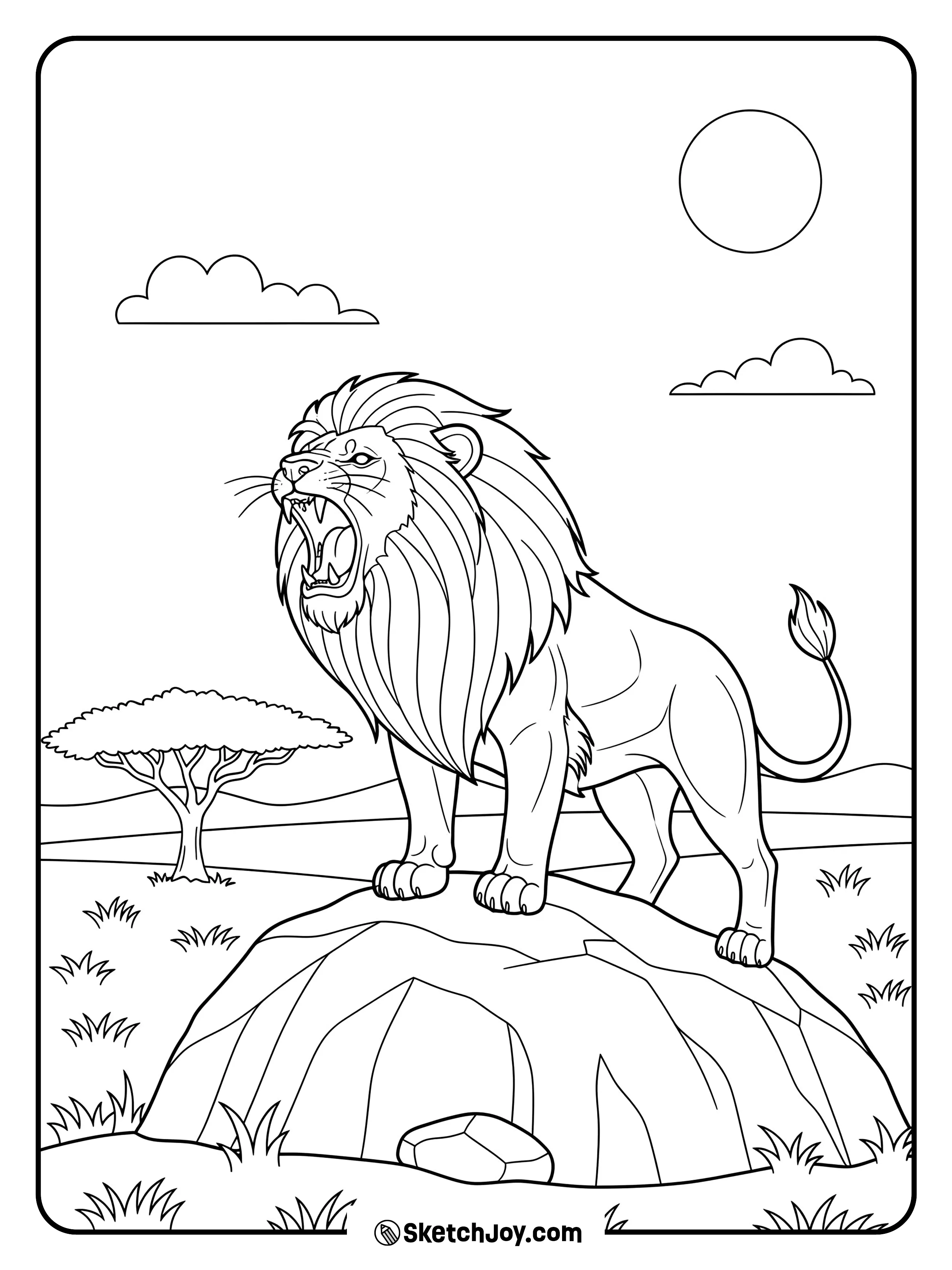 A powerful male stands on a rocky outcrop and lets out a fierce roar over the open savanna.