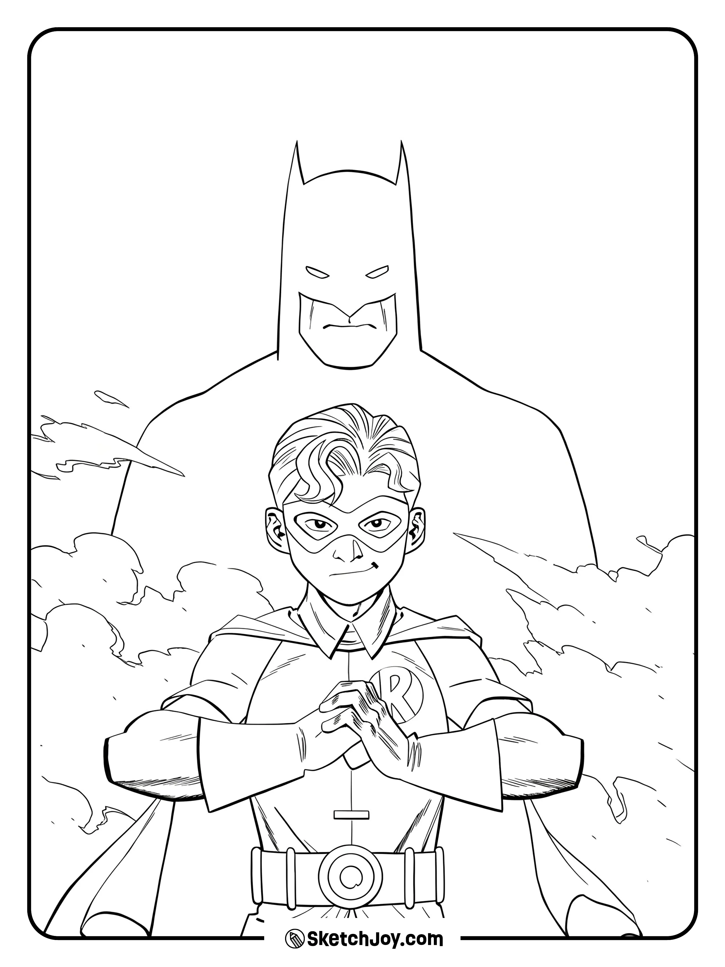 Robin stands in front while Batman’s shape looms behind.