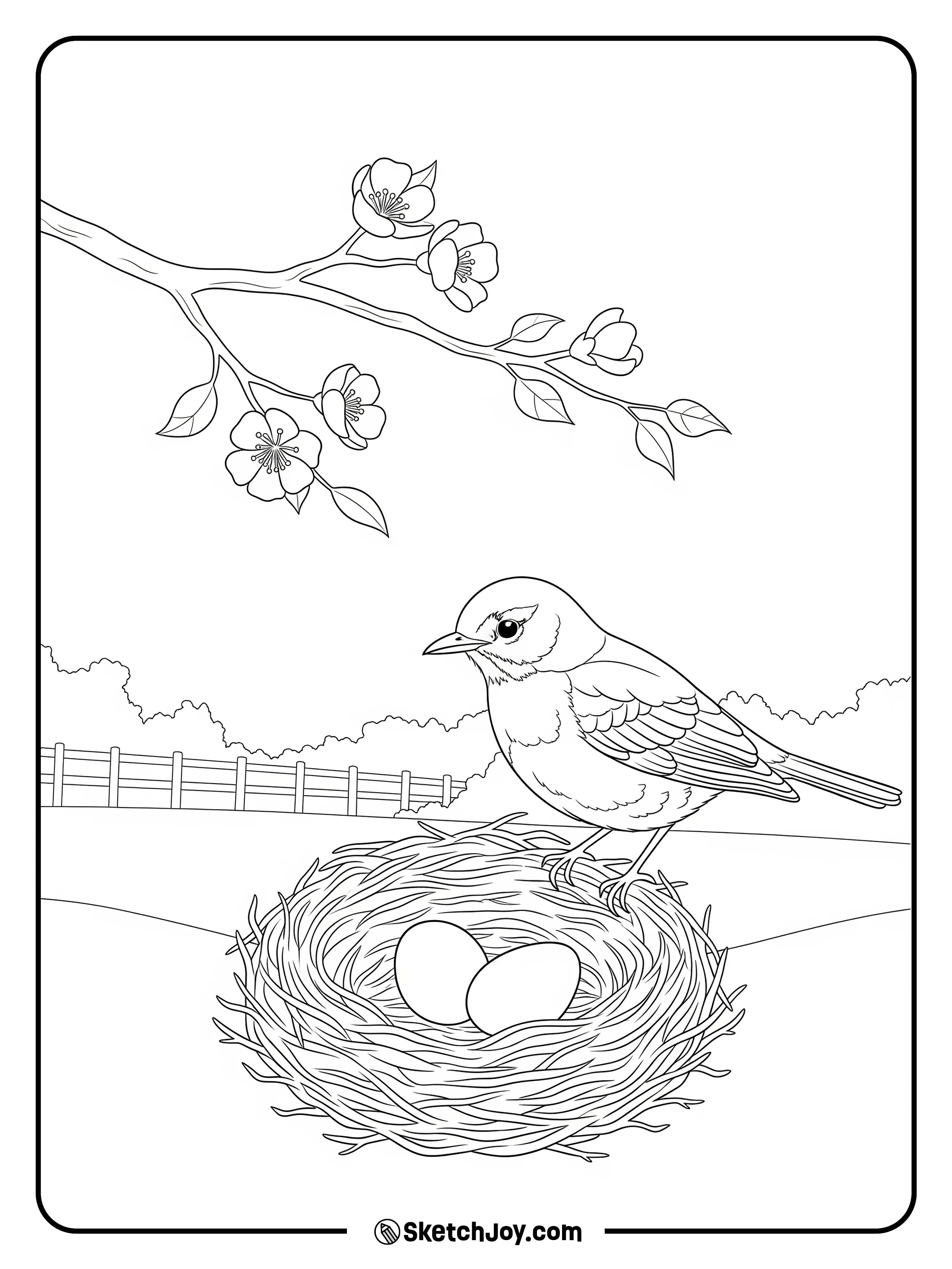 A robin sits near its neat nest.