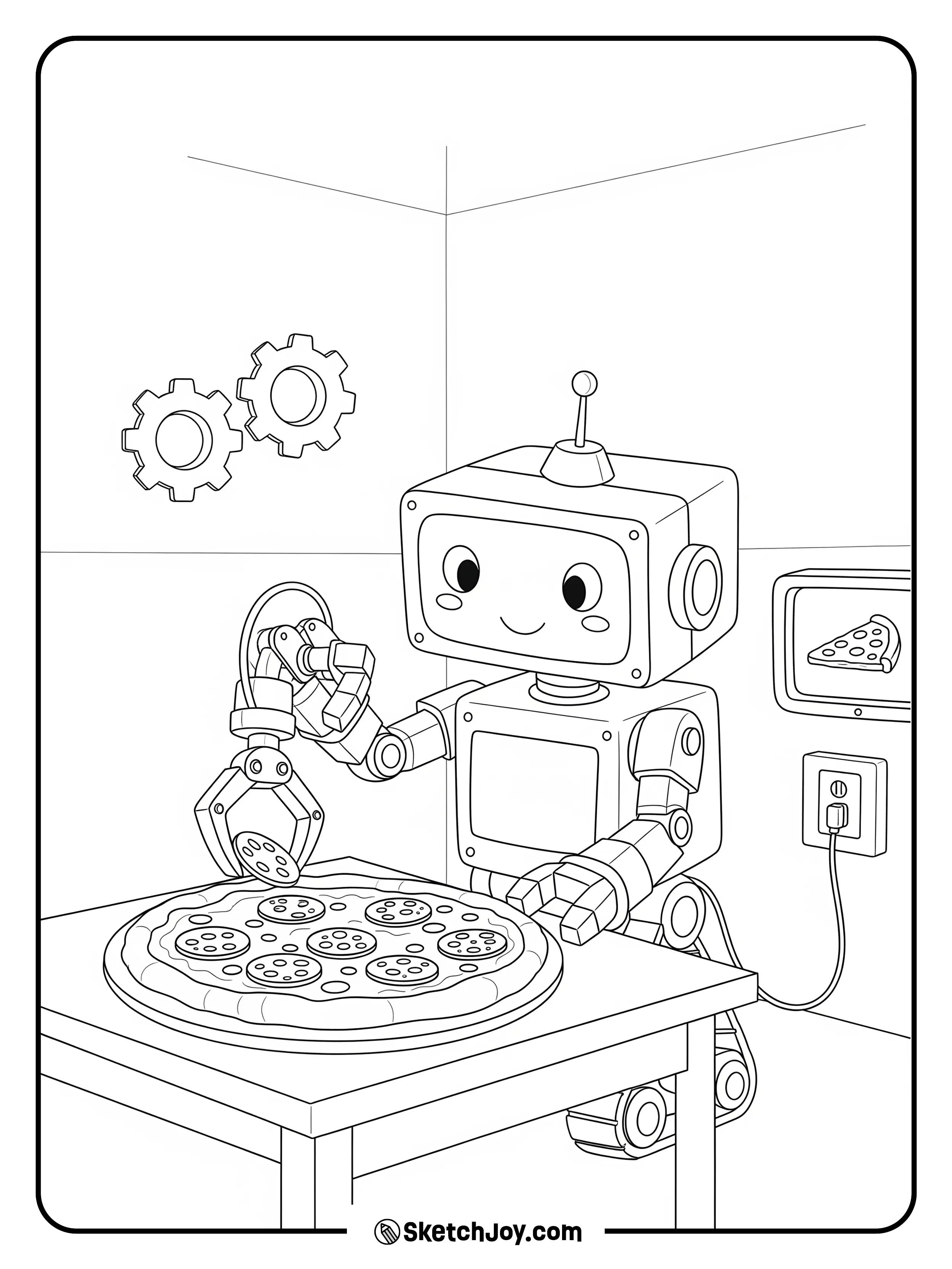 A simple robot arm adds toppings on a pie.