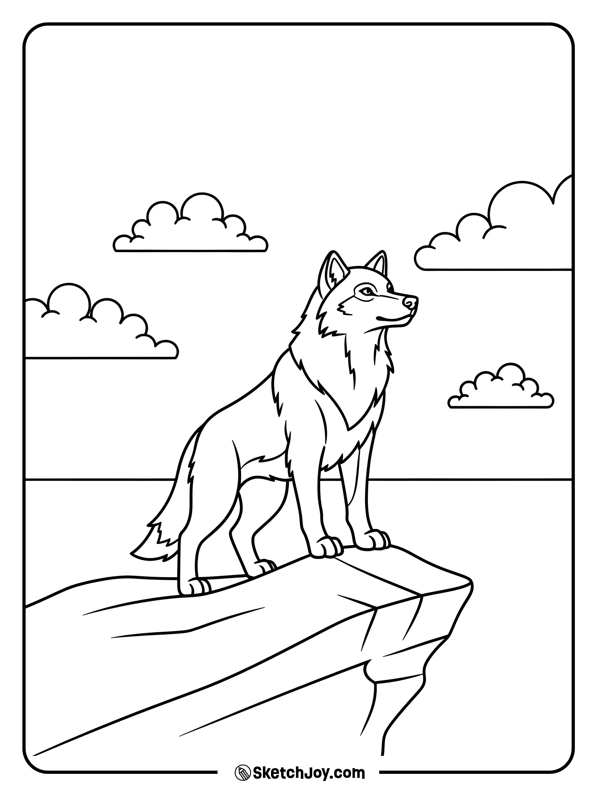 A sturdy wolf stands on a rock in a light breeze.