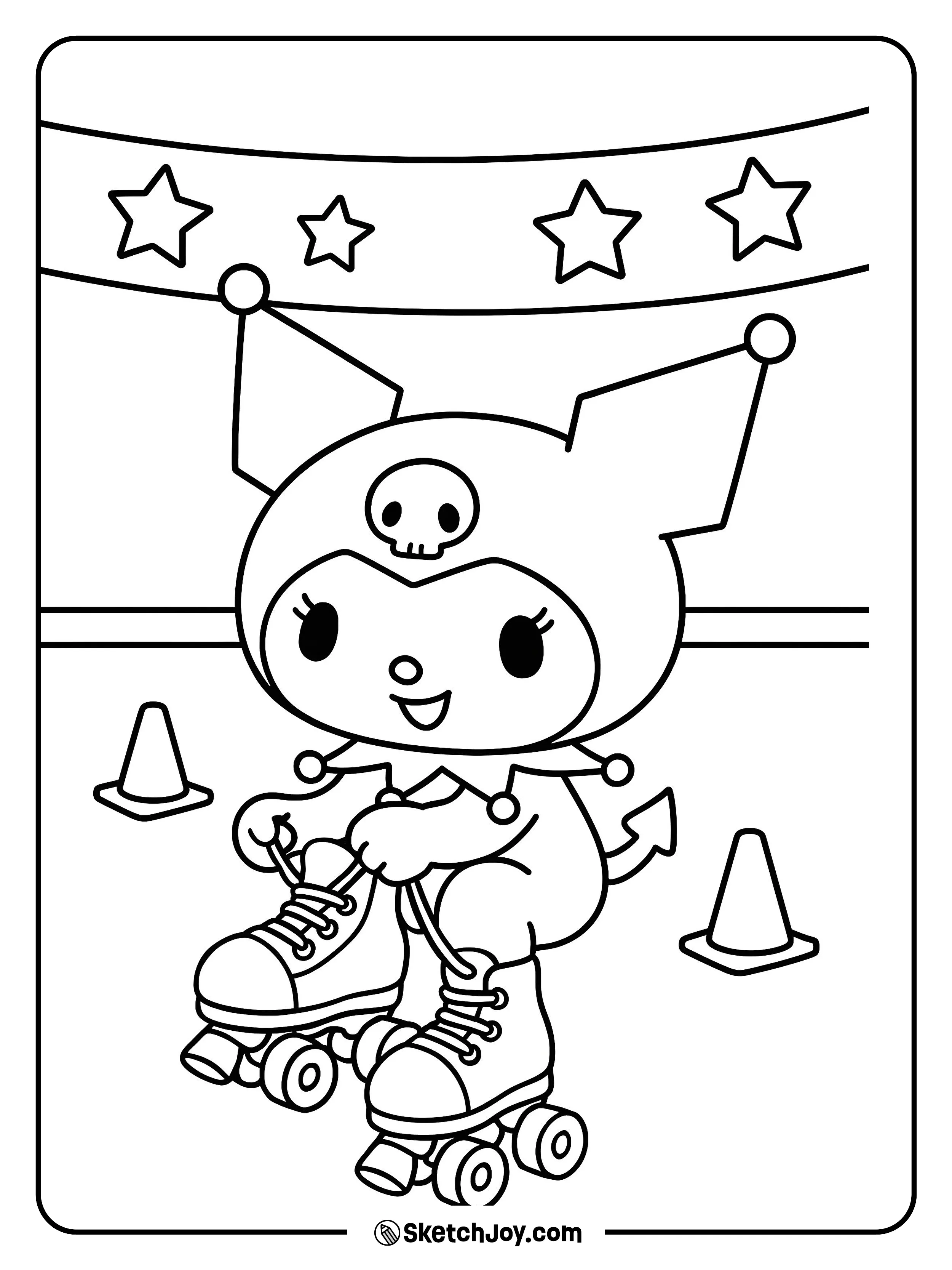 Kuromi ties skates and flashes a confident smile.