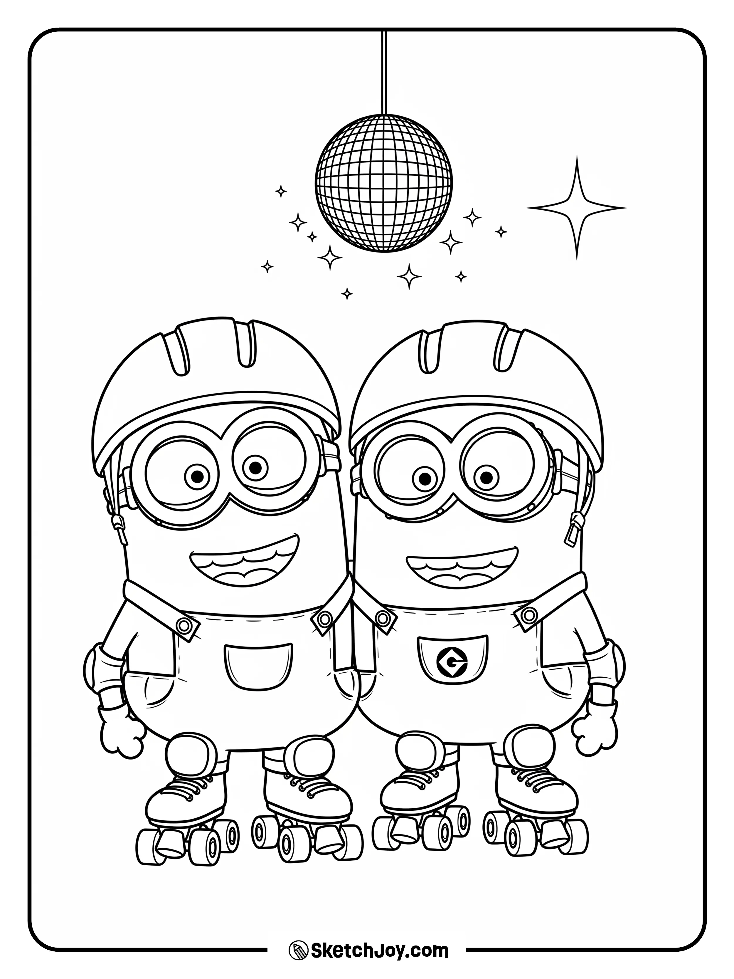 Two Minions skate in a ring with one disco ball and a star sparkle.