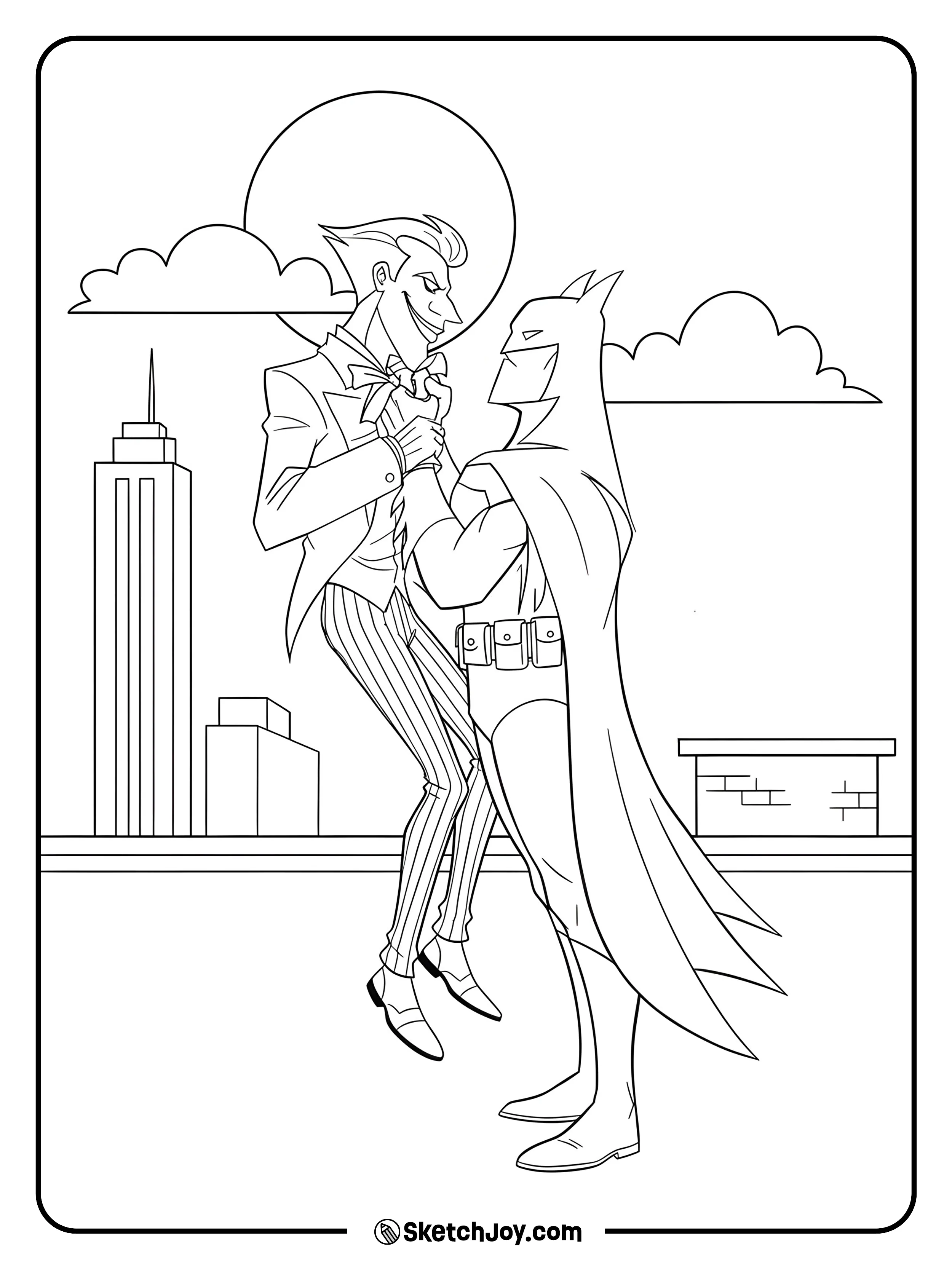 Batman lifts Joker by the collar under the moon.