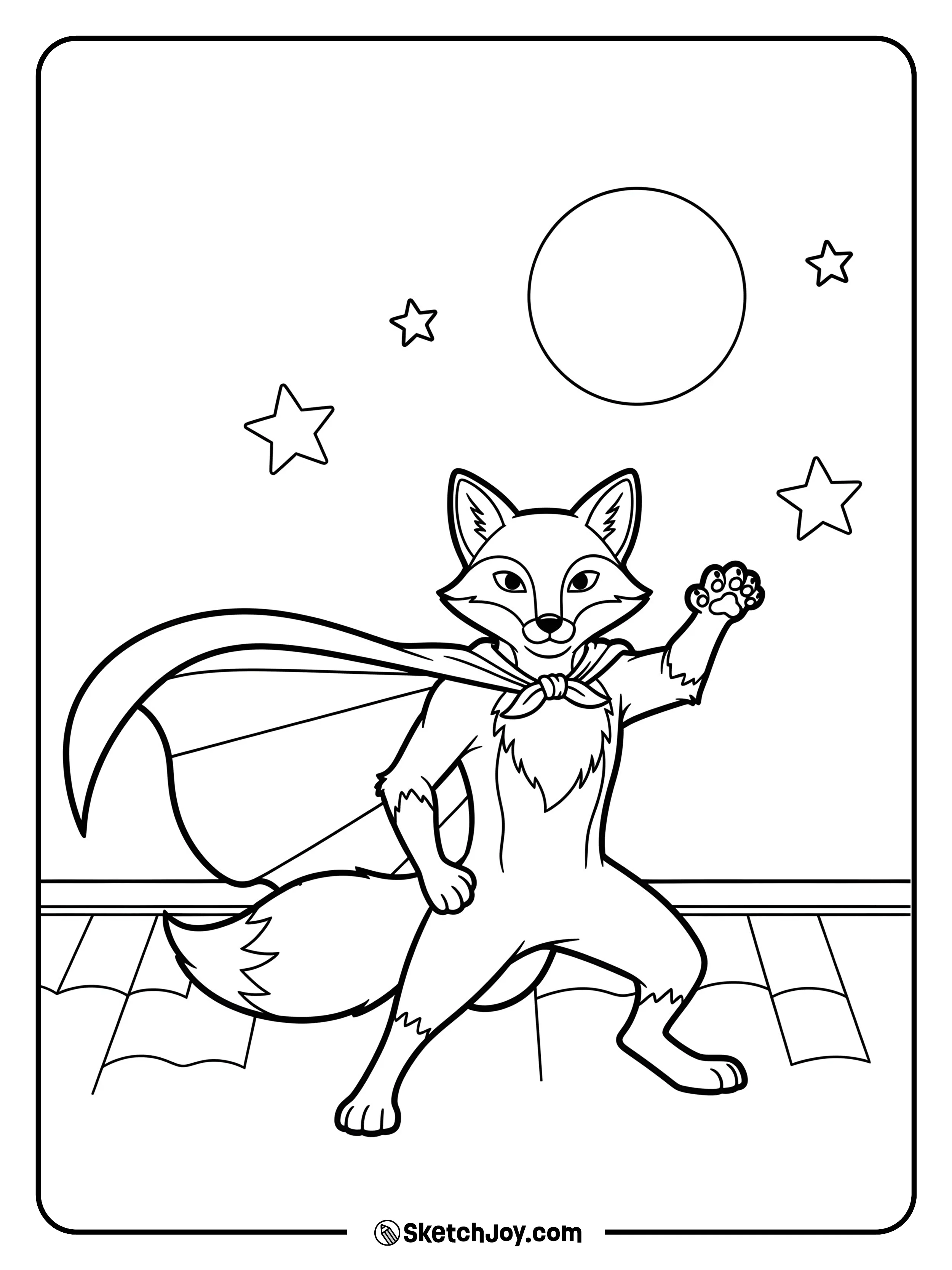 A fox with a cape stands on a roof ledge with a big moon behind.