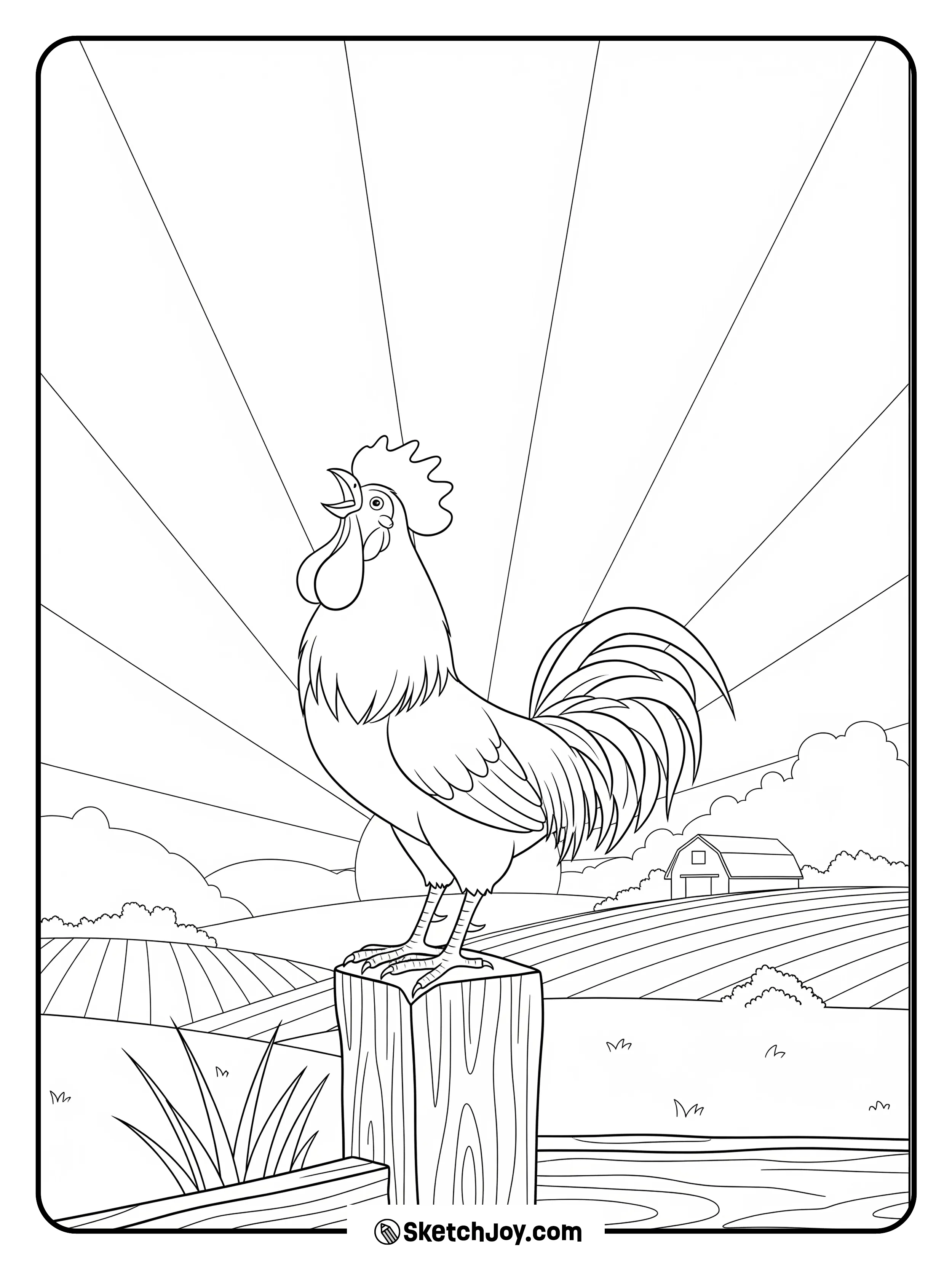 A proud rooster stands on a fence at dawn.