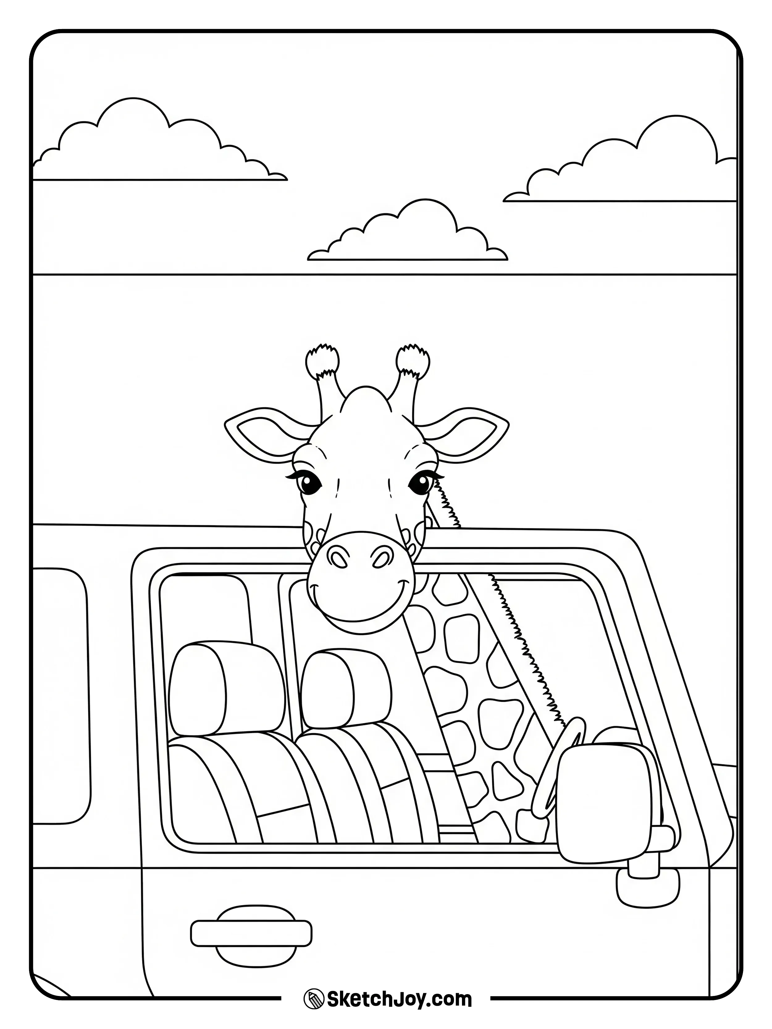 A giraffe peers into a jeep window with a grin.