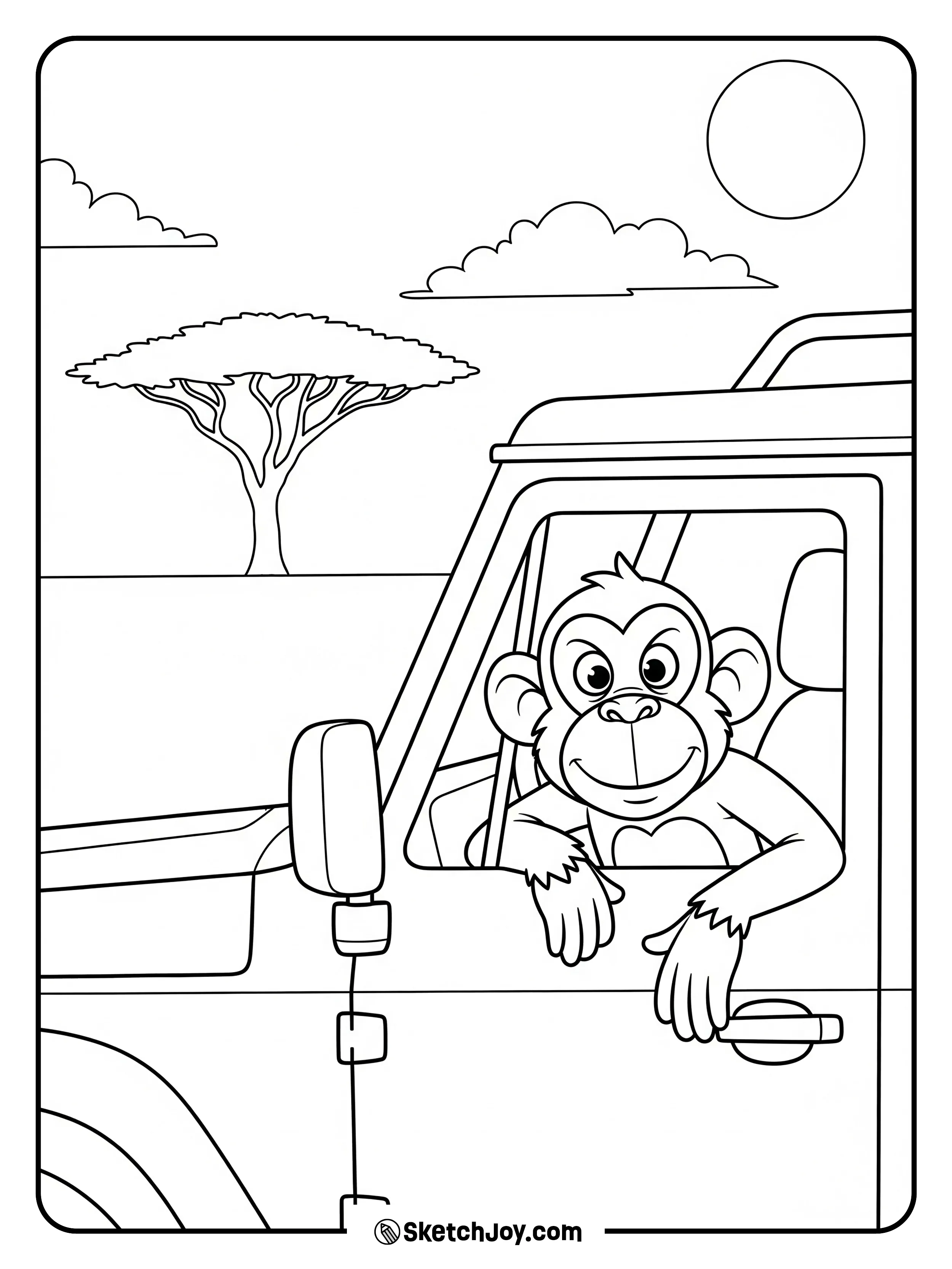 A monkey pops out of a jeep window with a wide grin.