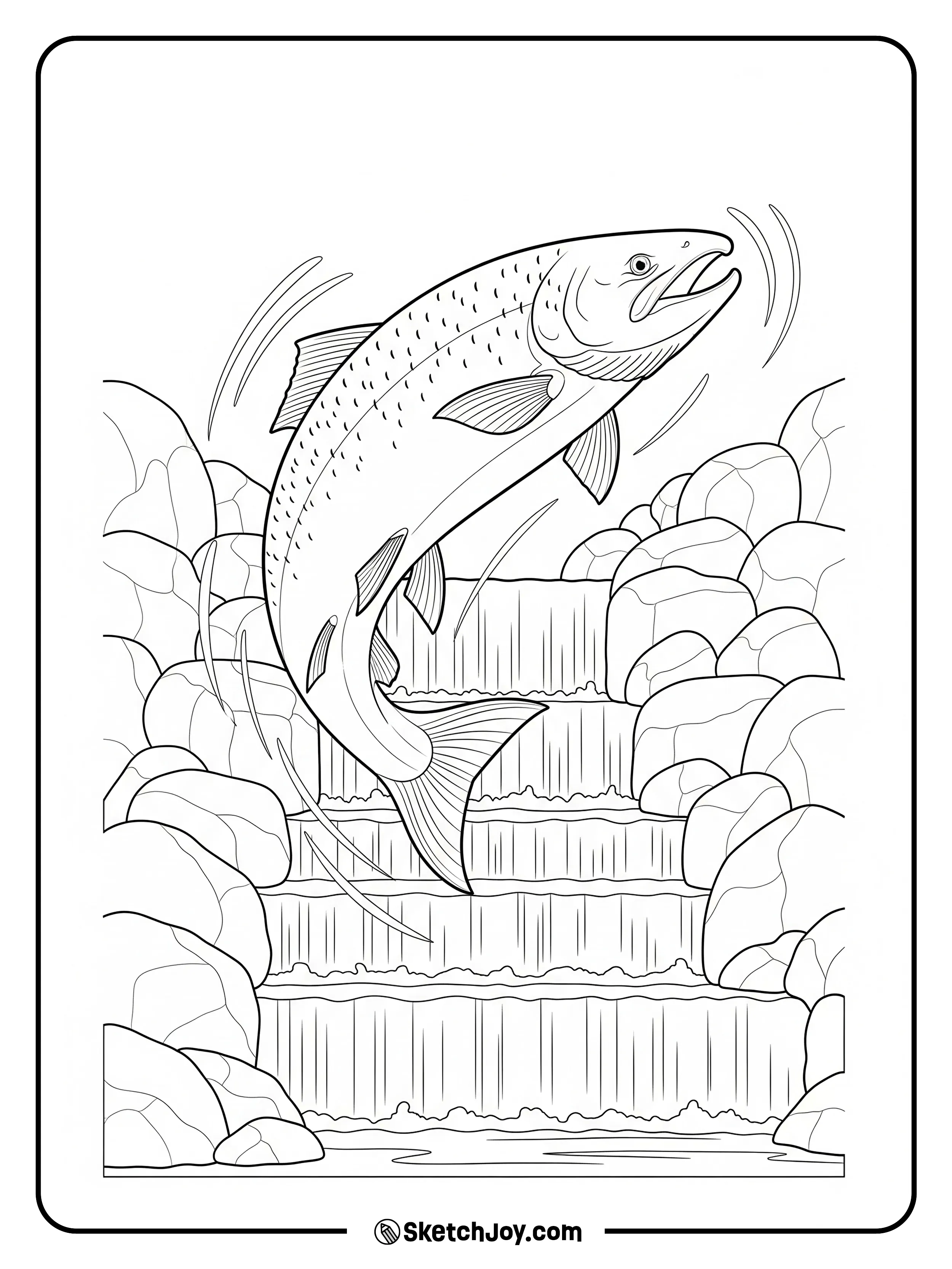 A salmon leaps up a short waterfall.