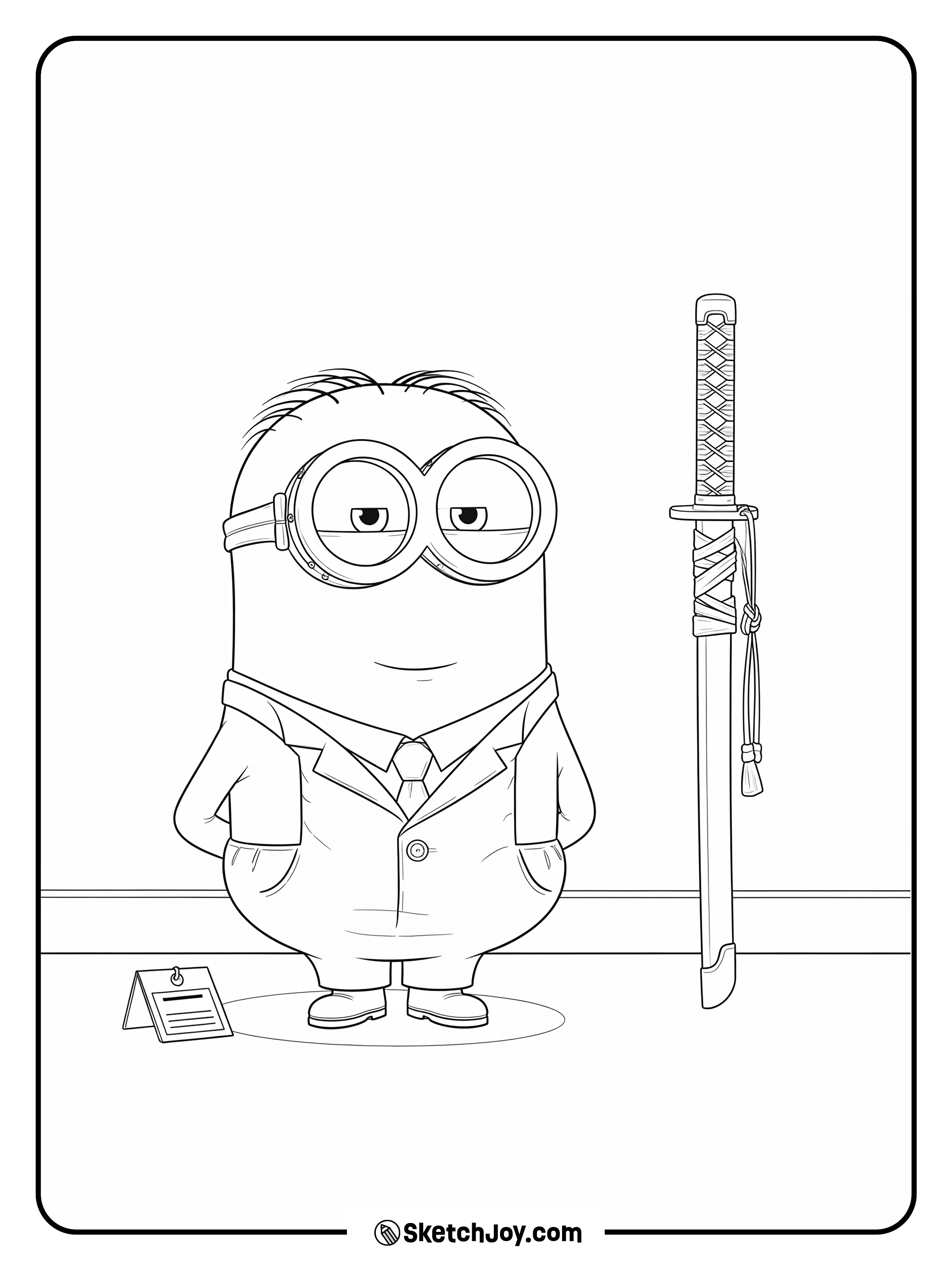 A Minion views a display stand with a simple katana and tag.