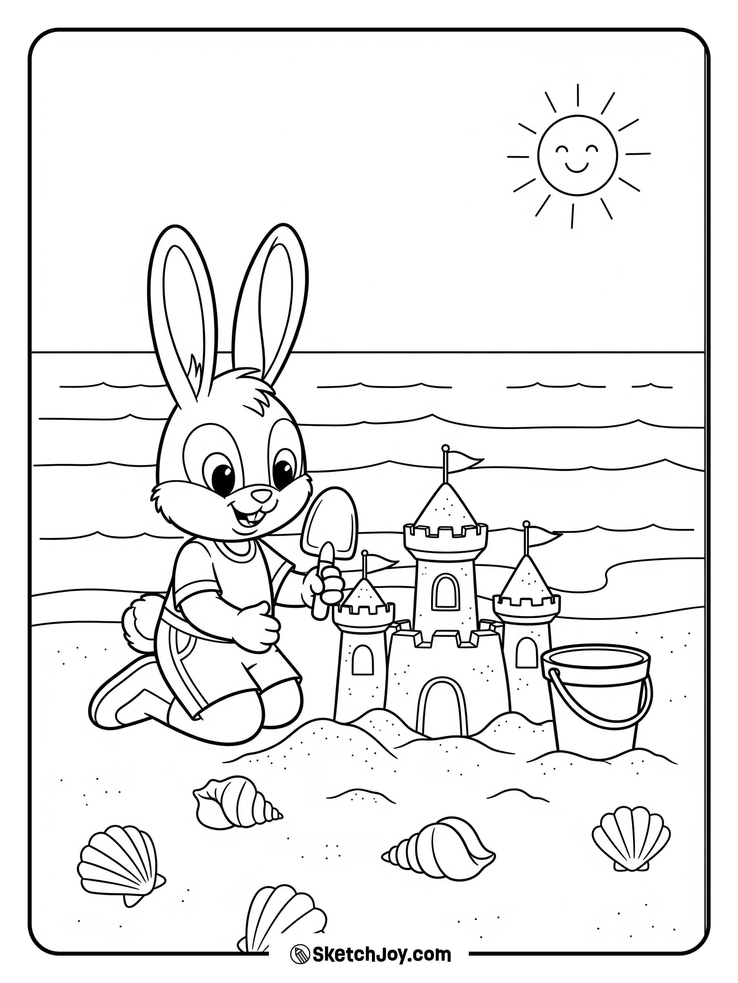 A beach bunny pats a sand tower with a tiny bucket.