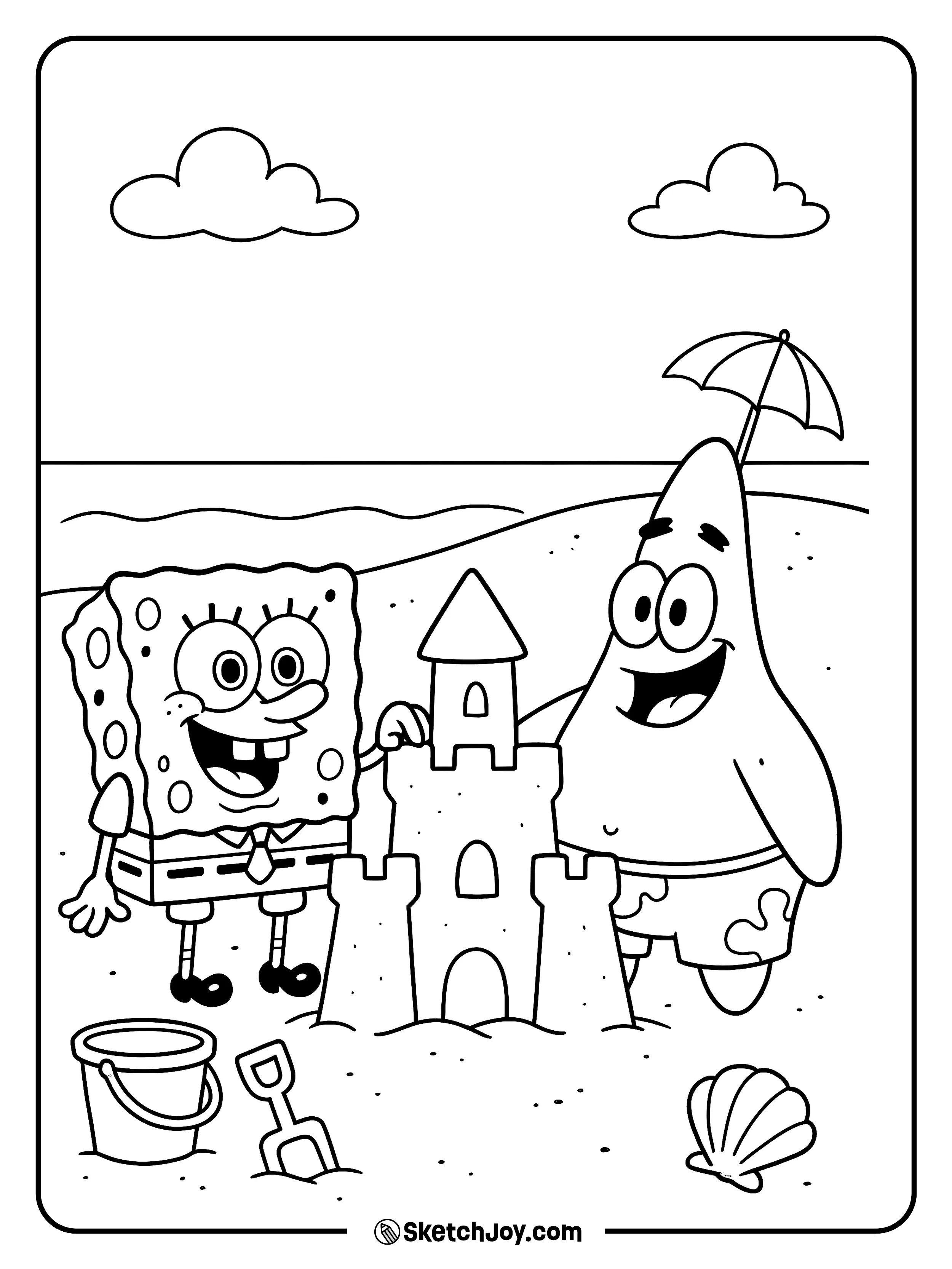 At Goo Lagoon, SpongeBob pats a sand tower while Patrick holds a bucket.