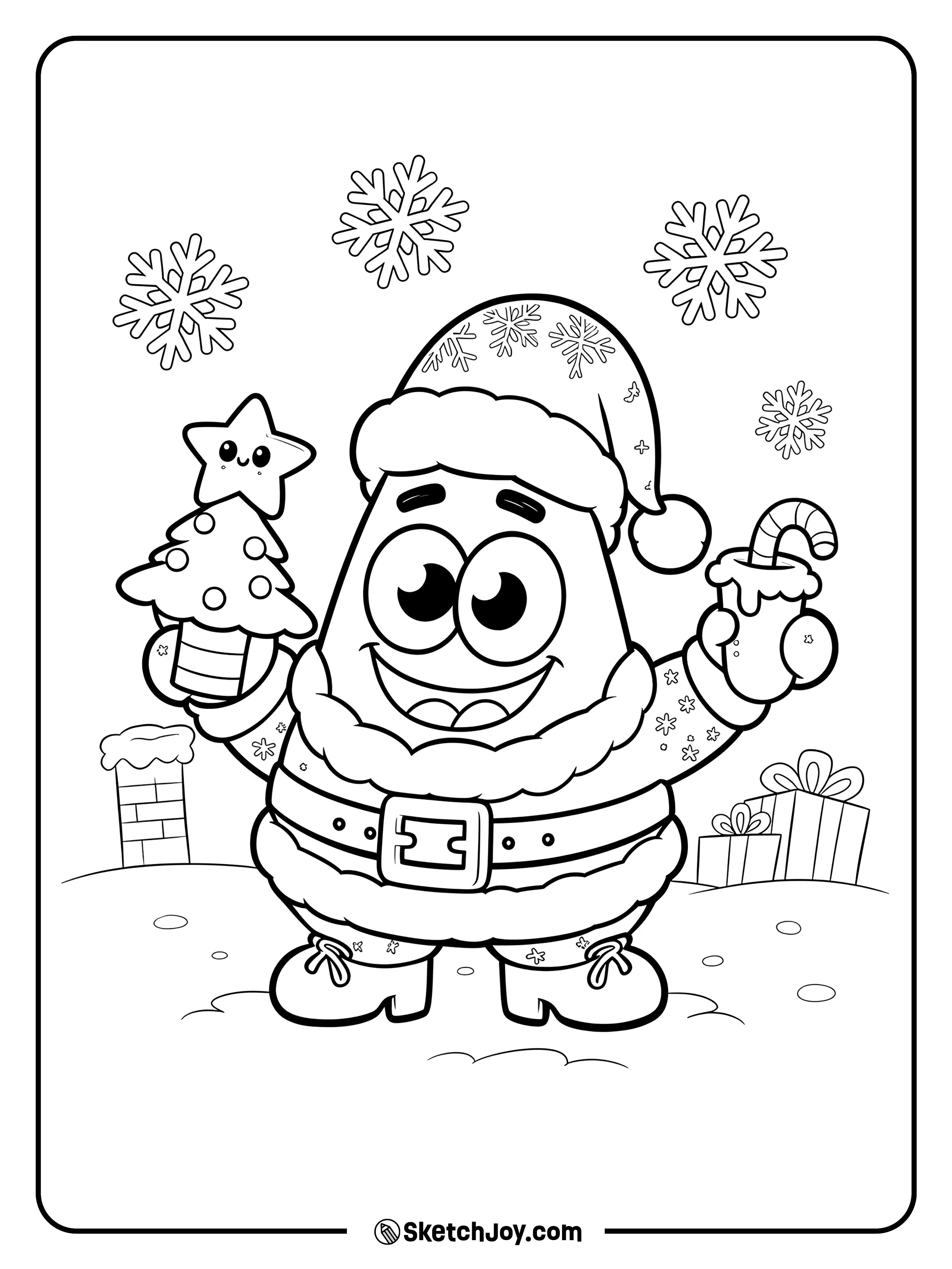Patrick wears a Santa suit and smiles wide.