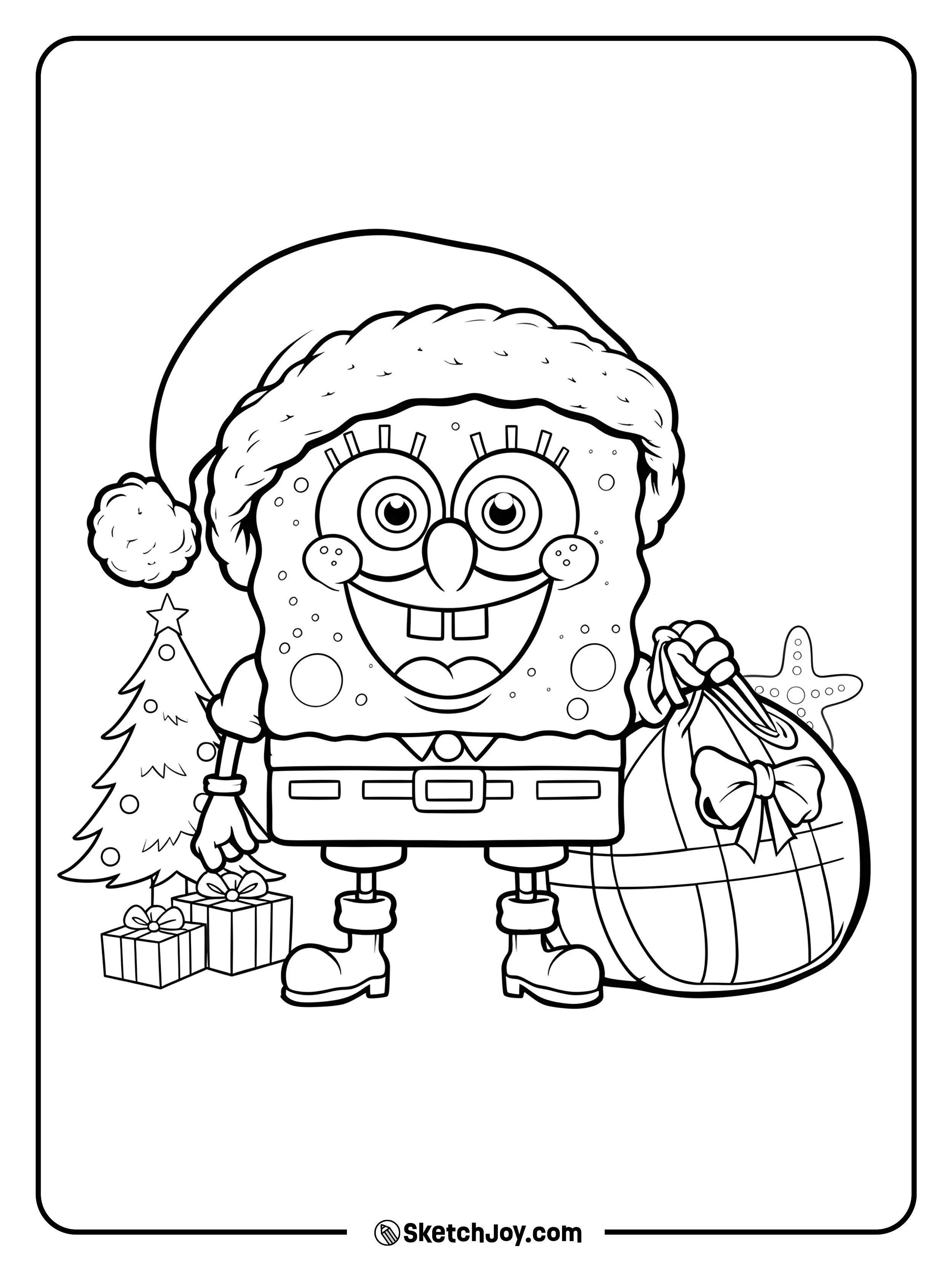 SpongeBob wears a Santa hat and belt and holds a big gift sack.