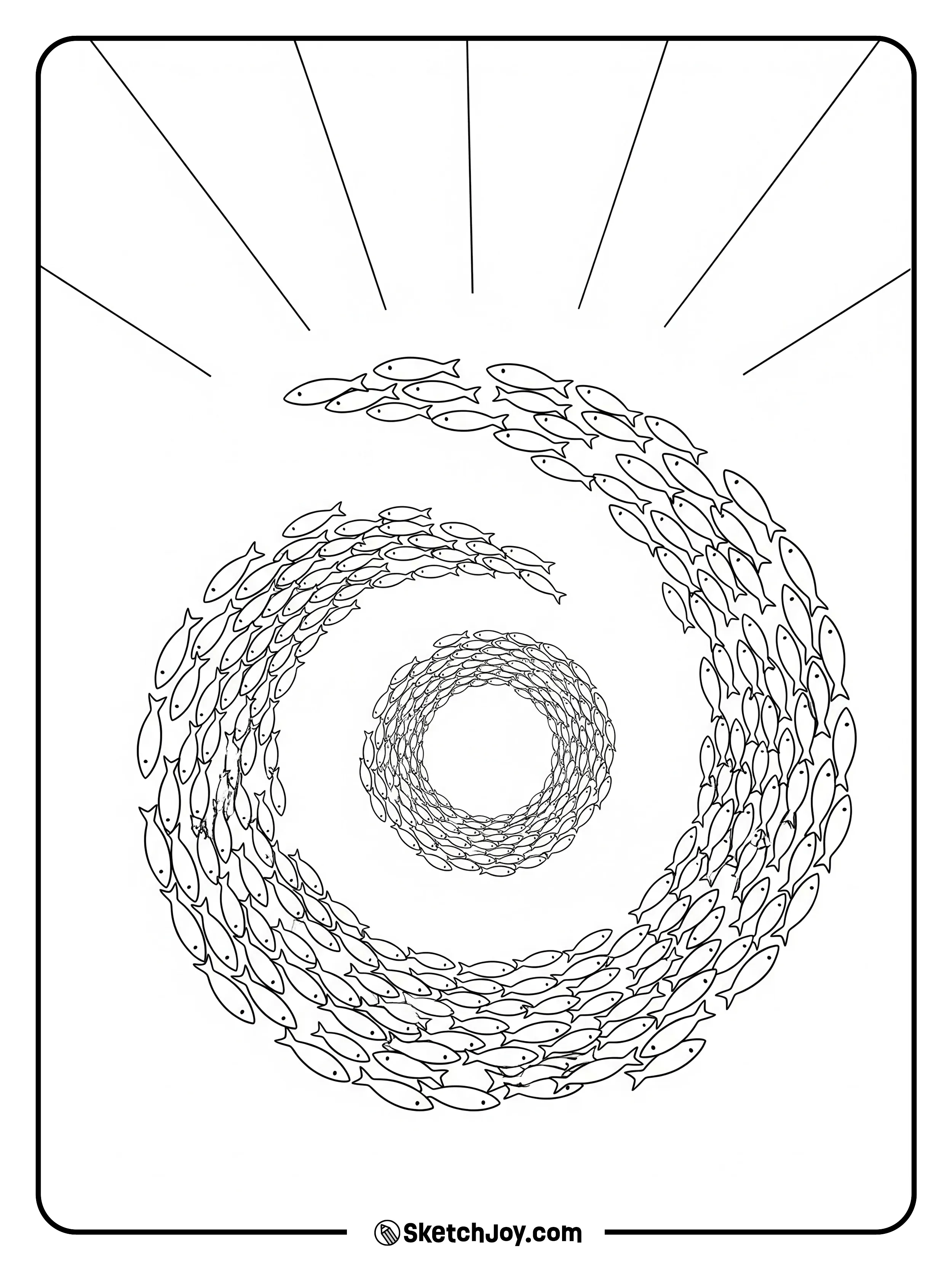 A school of small fish swirls into a spiral.