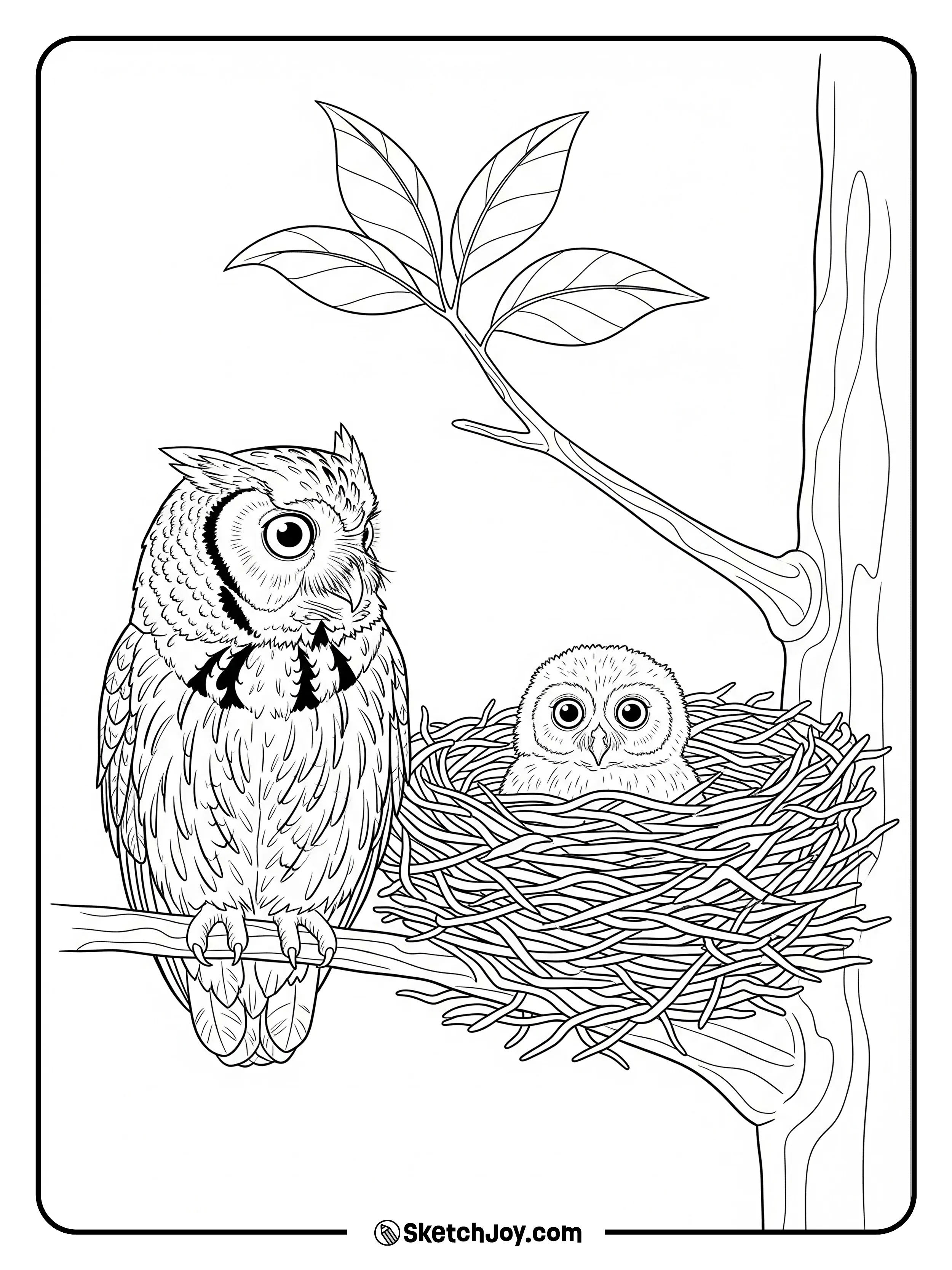A parent owl sits by a nest while a small owlet peeks over the rim.