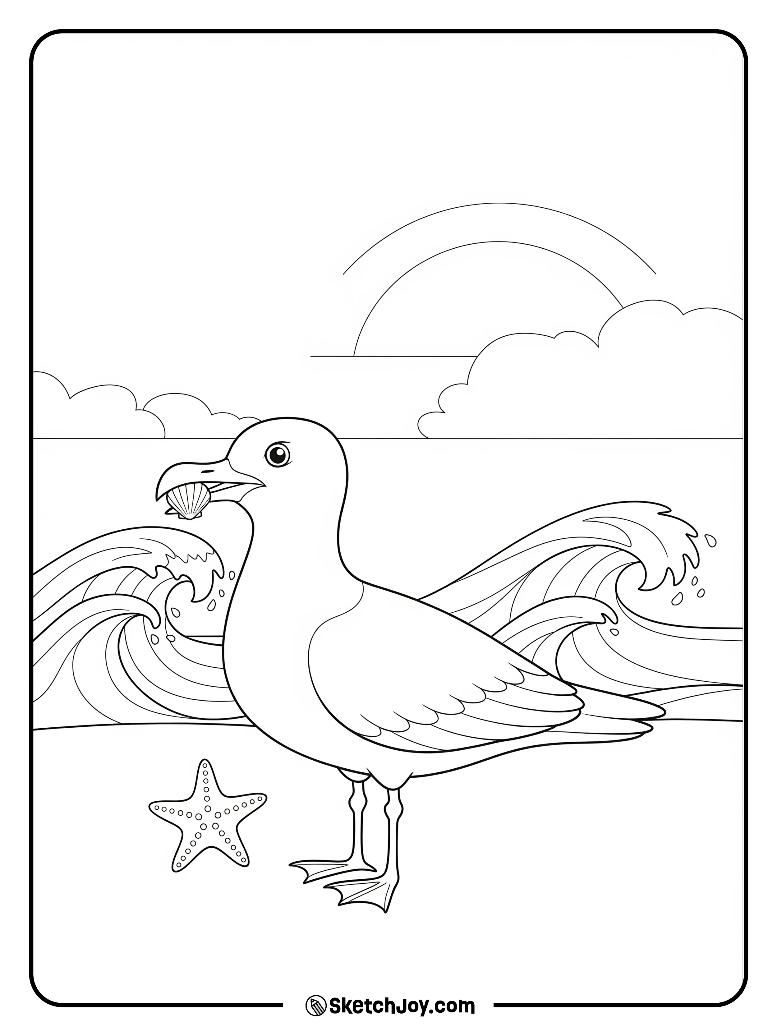 A cheeky gull holds a shell on the beach.