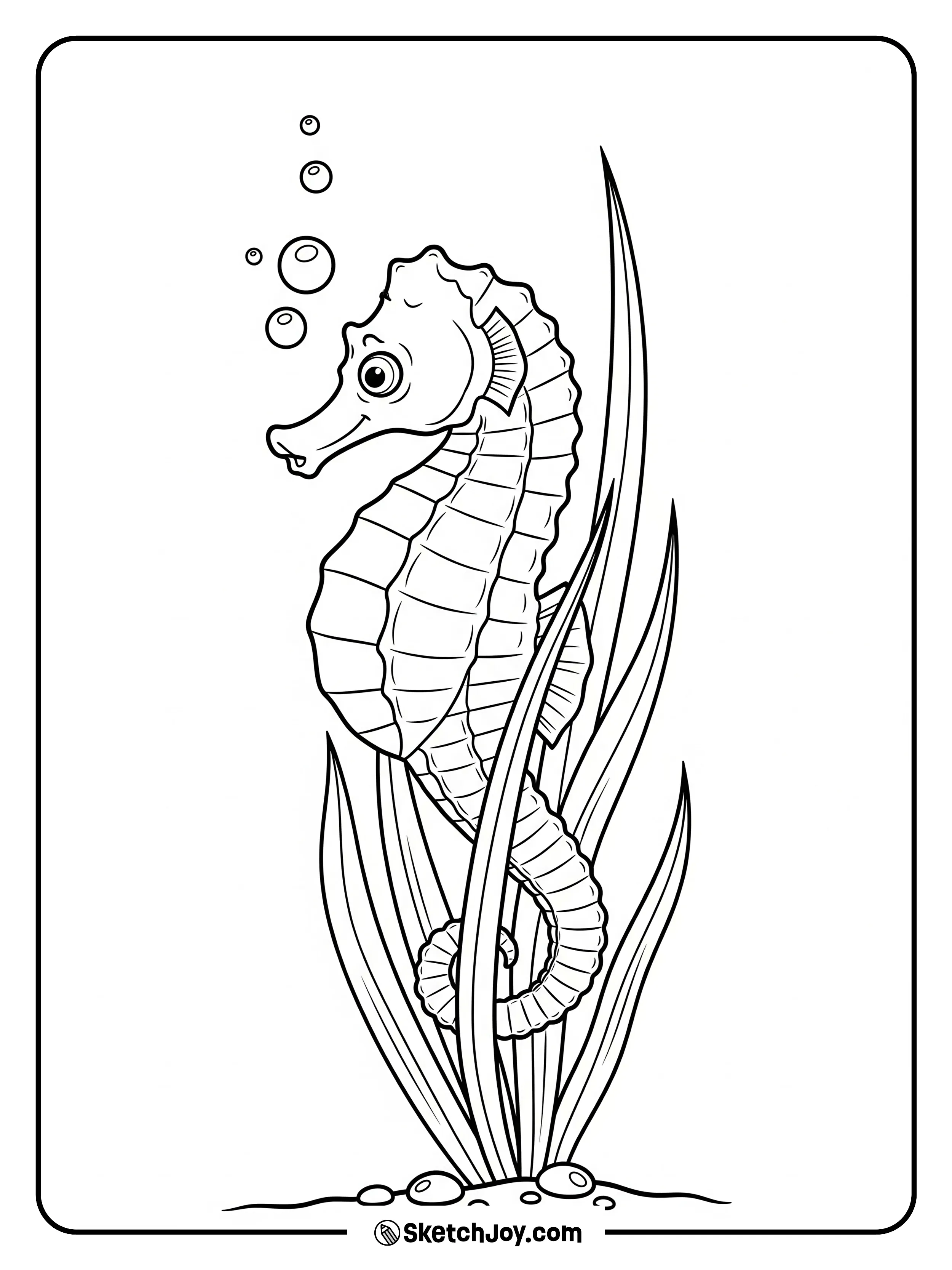 A seahorse curls its tail around seagrass.