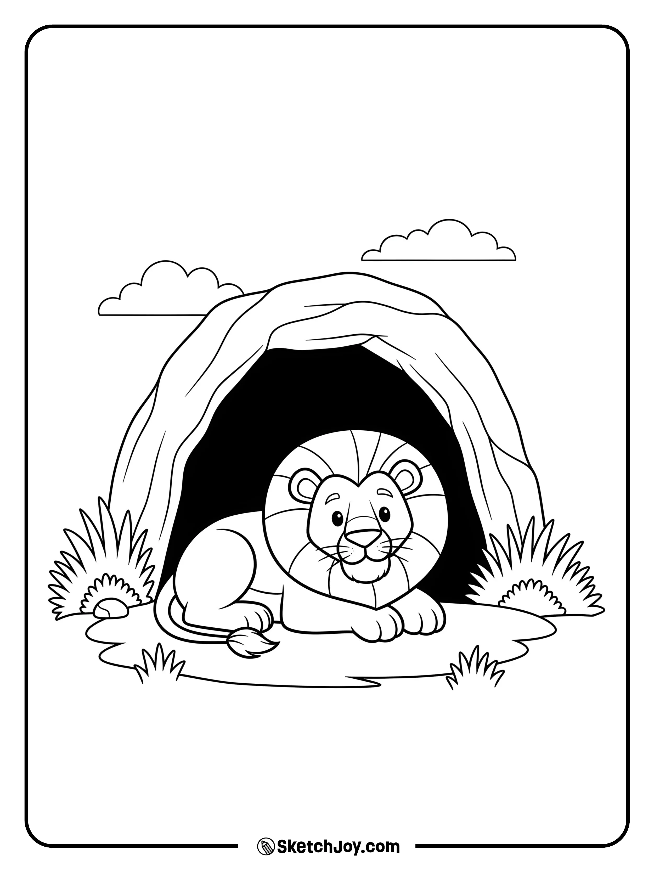 A lion rests at the mouth of a shallow cave with light pouring in.