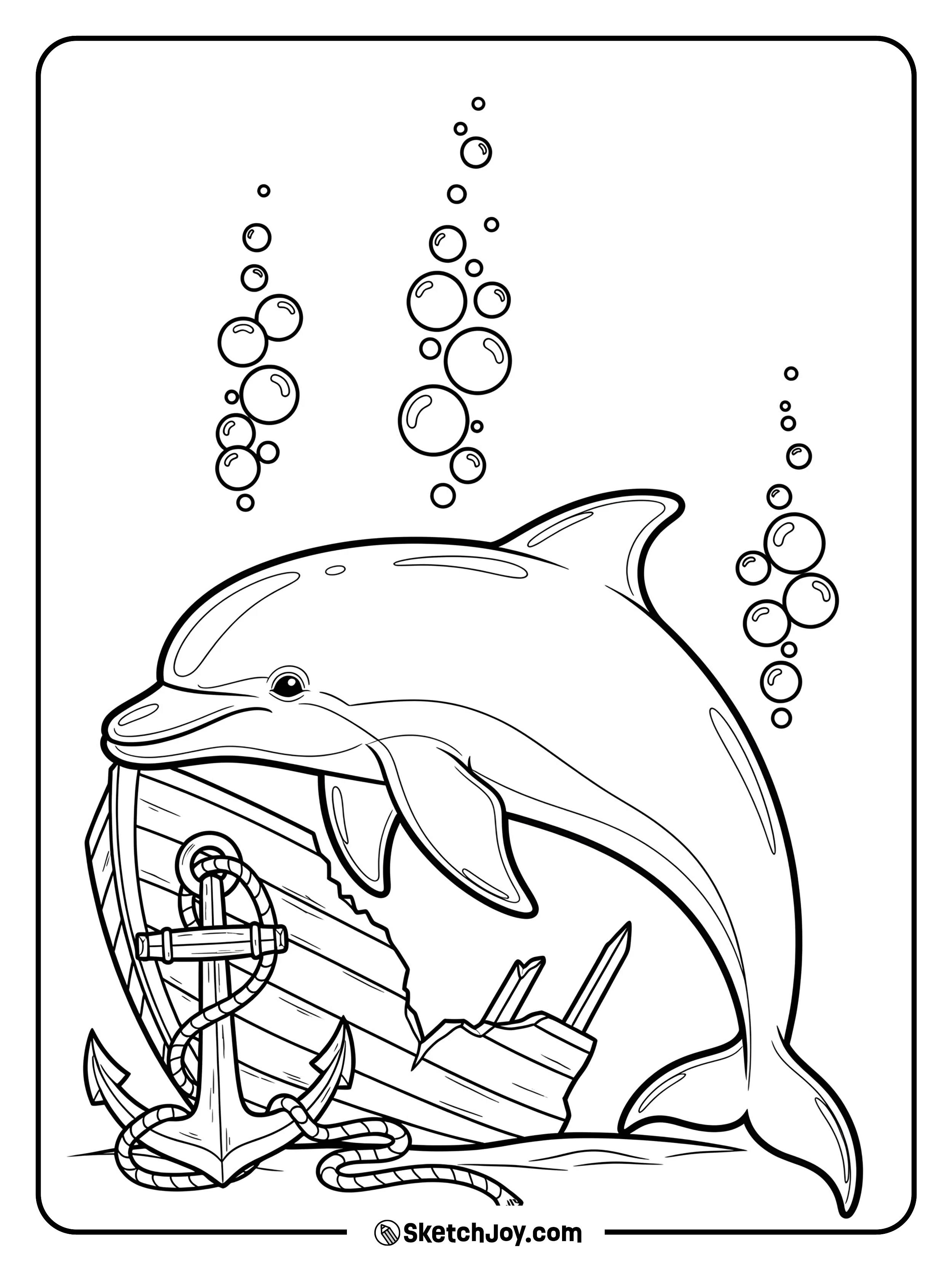 A strong dolphin passes a simple shipwreck frame with an anchor and rope.