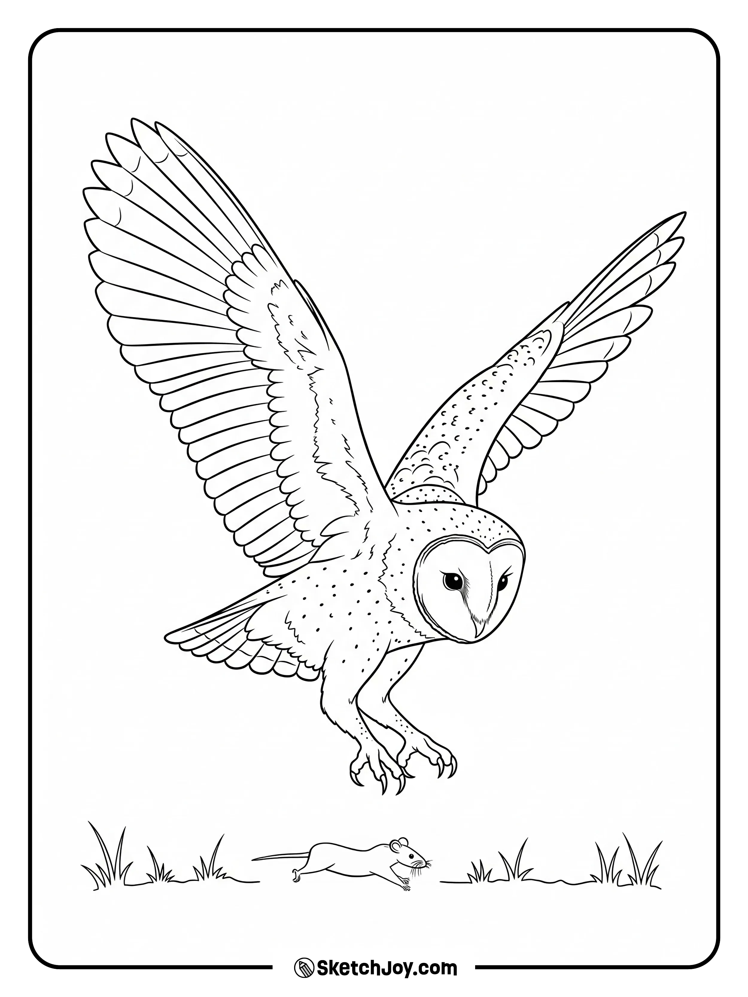 An owl flies over a field with one mouse silhouette below.