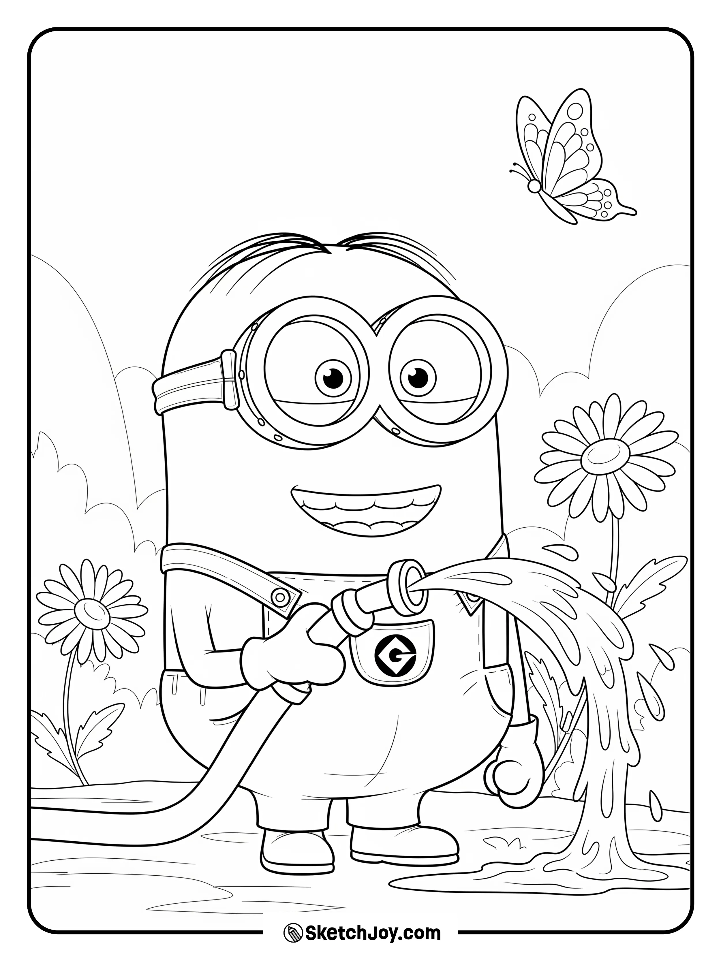 A Minion waters two flowers with a short hose.