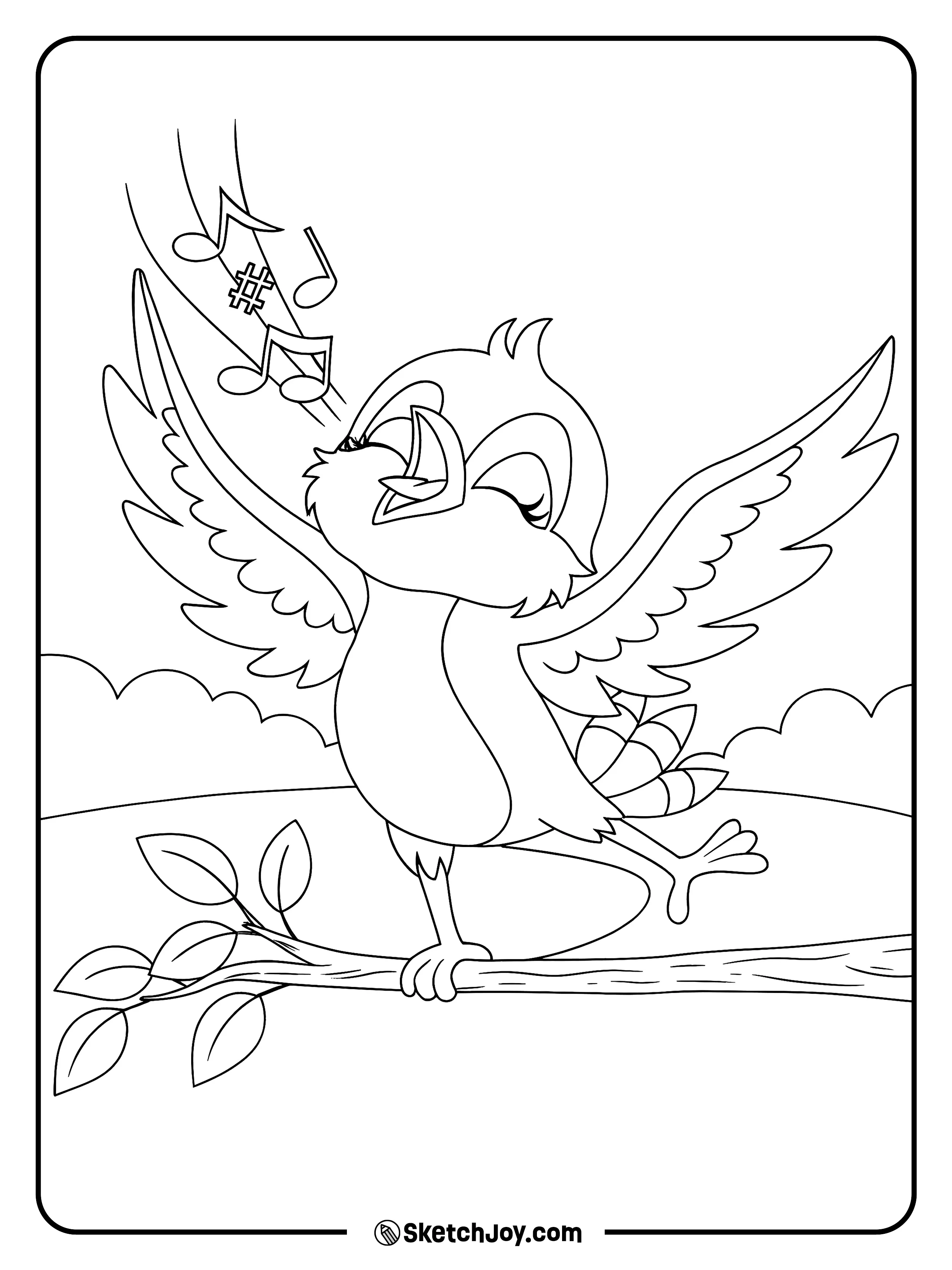 A happy bird sings with wings wide on a branch.