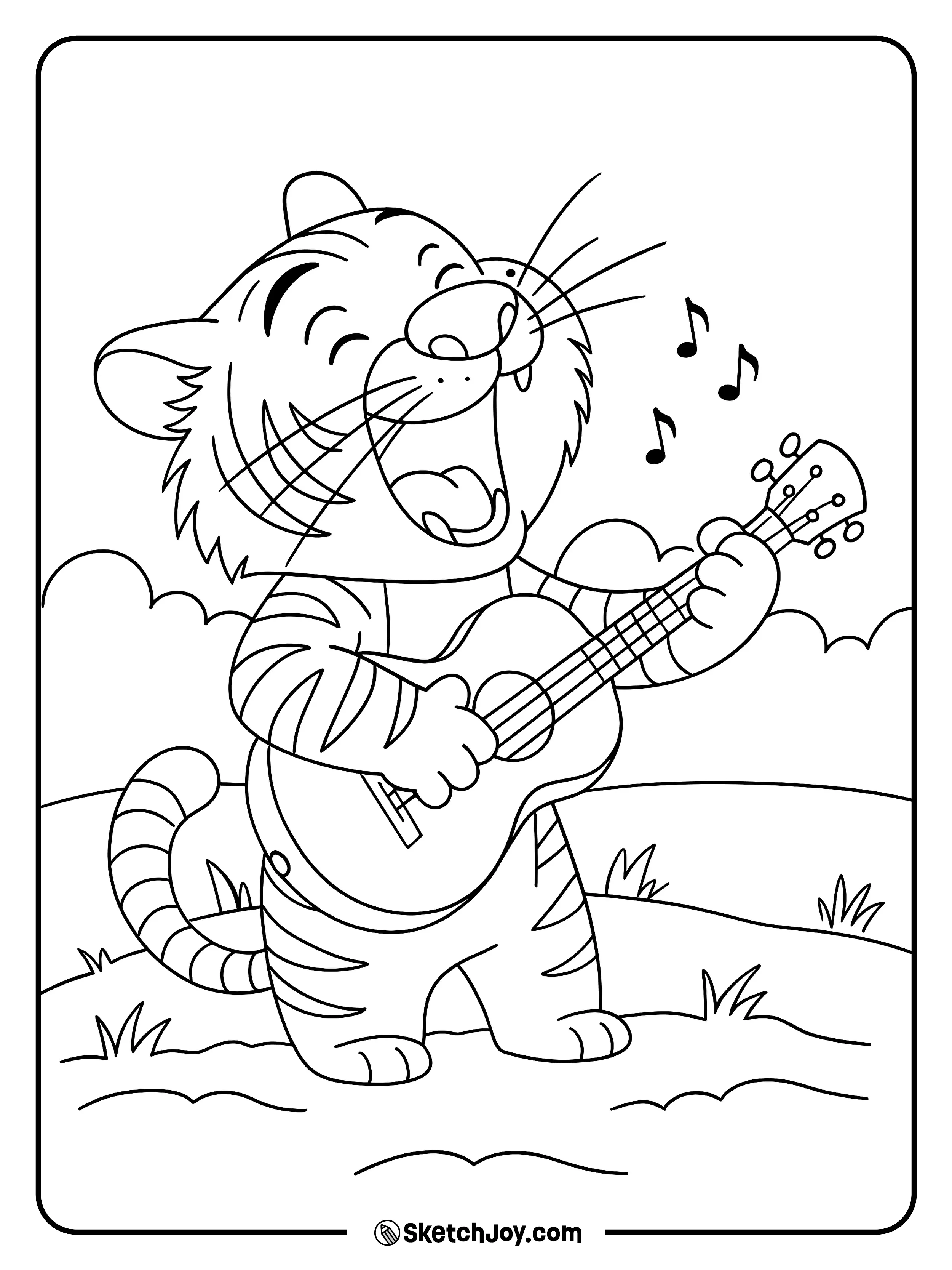 A happy tiger stands on a grassy hill and plays a small guitar.