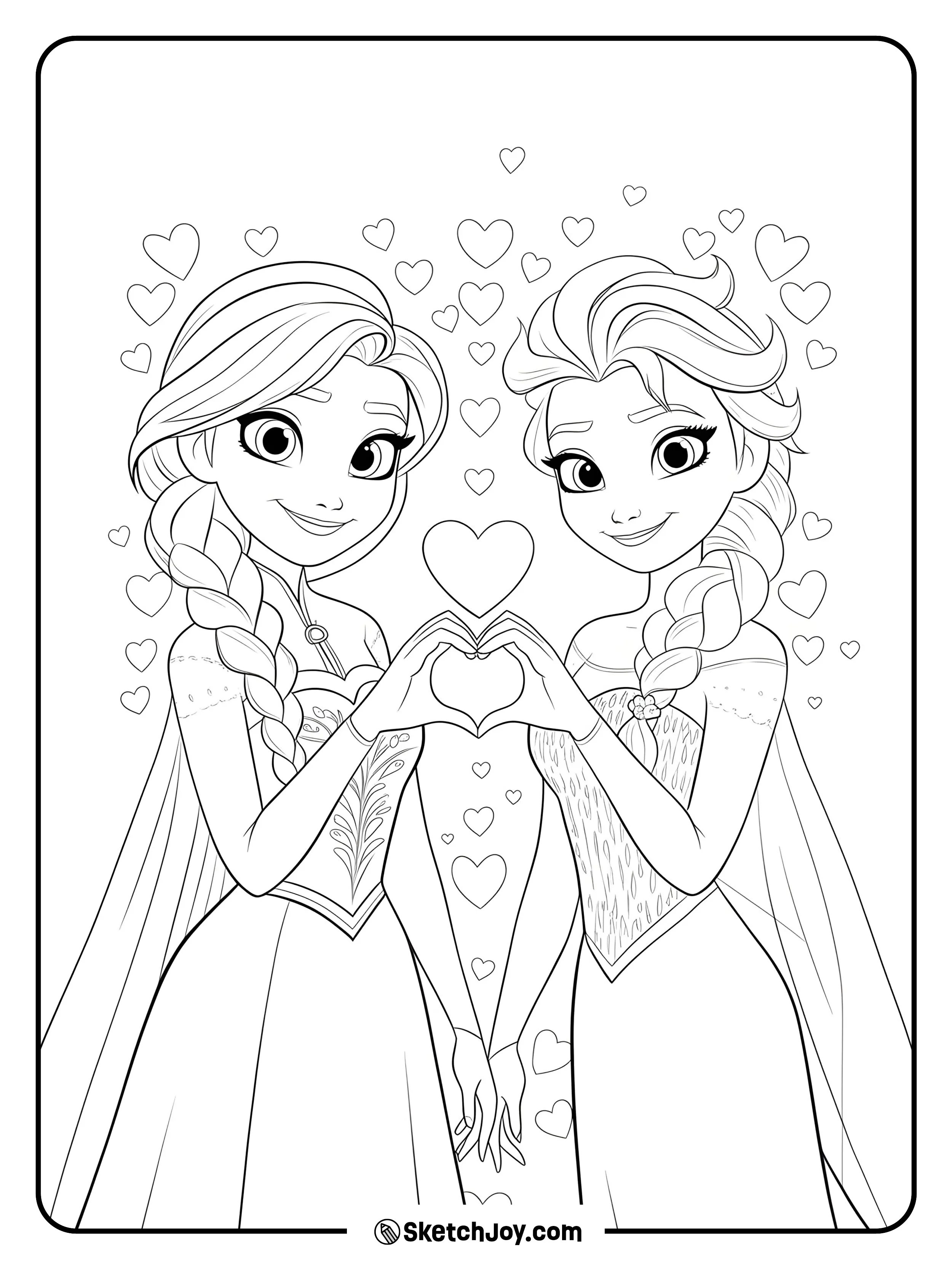 Elsa and Anna stand side by side and form a heart with their hands