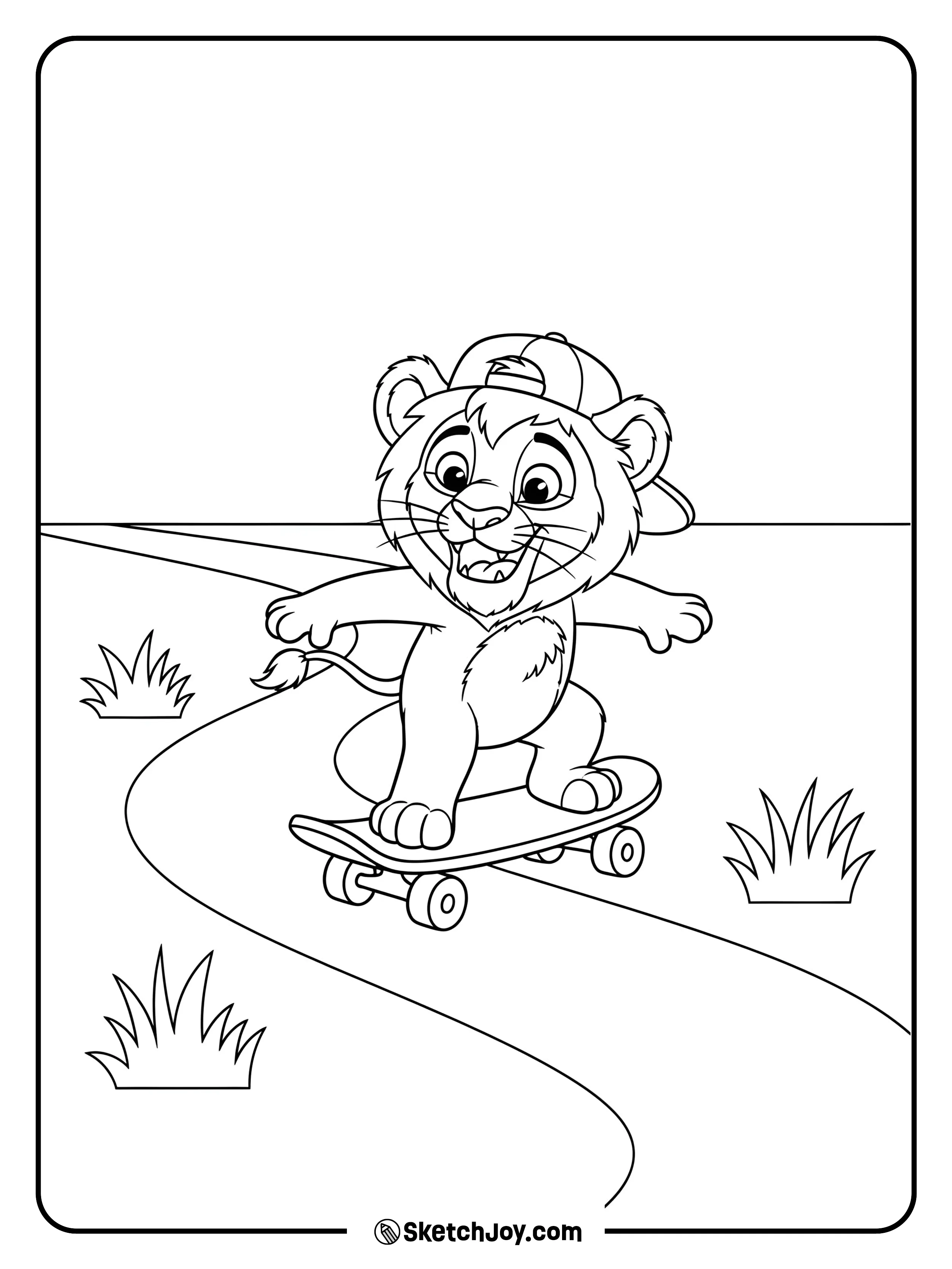 A brave cub rides a skateboard across a smooth path with grass sides.