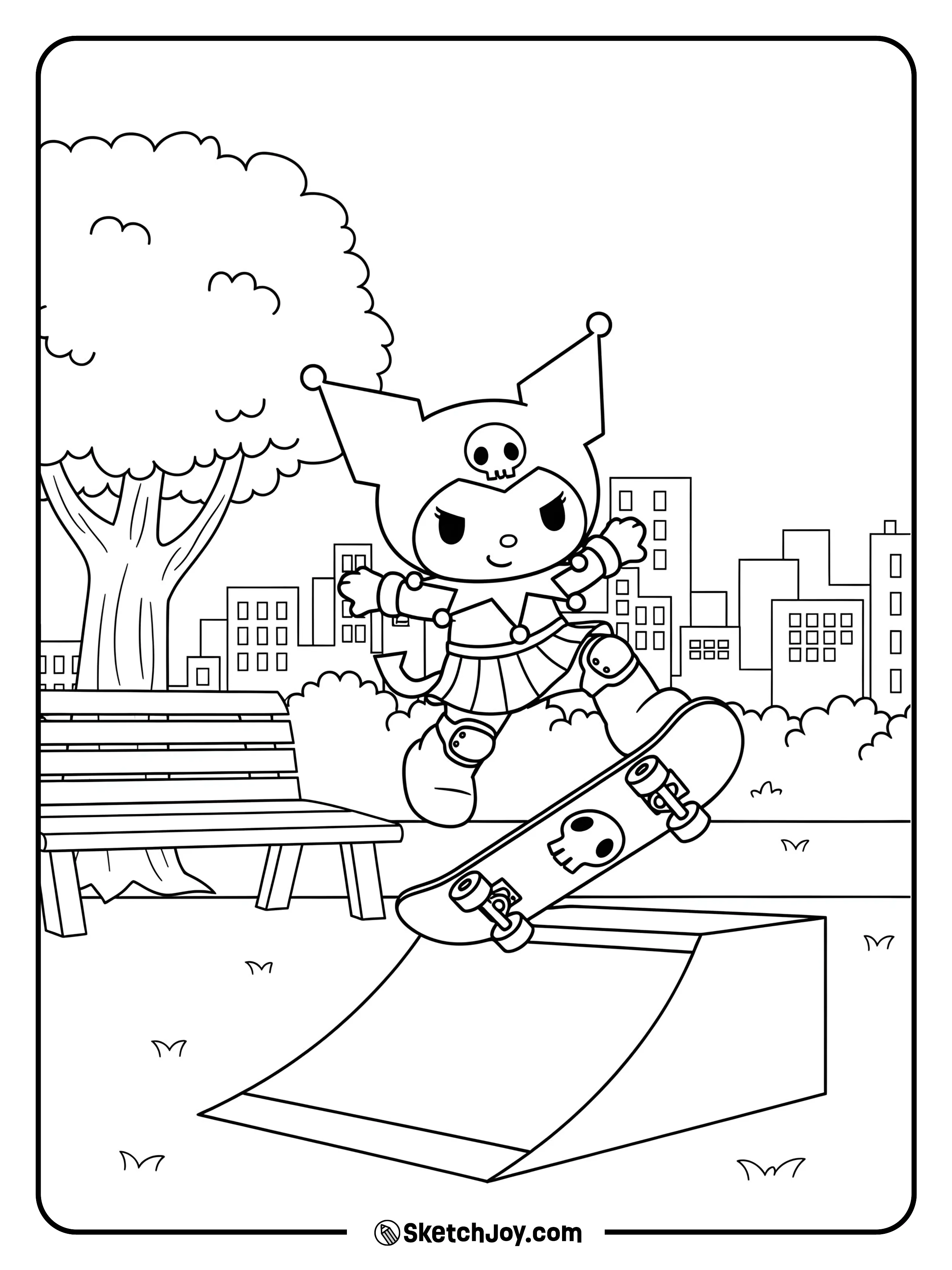 Kuromi kicks her skateboard off a small ramp.