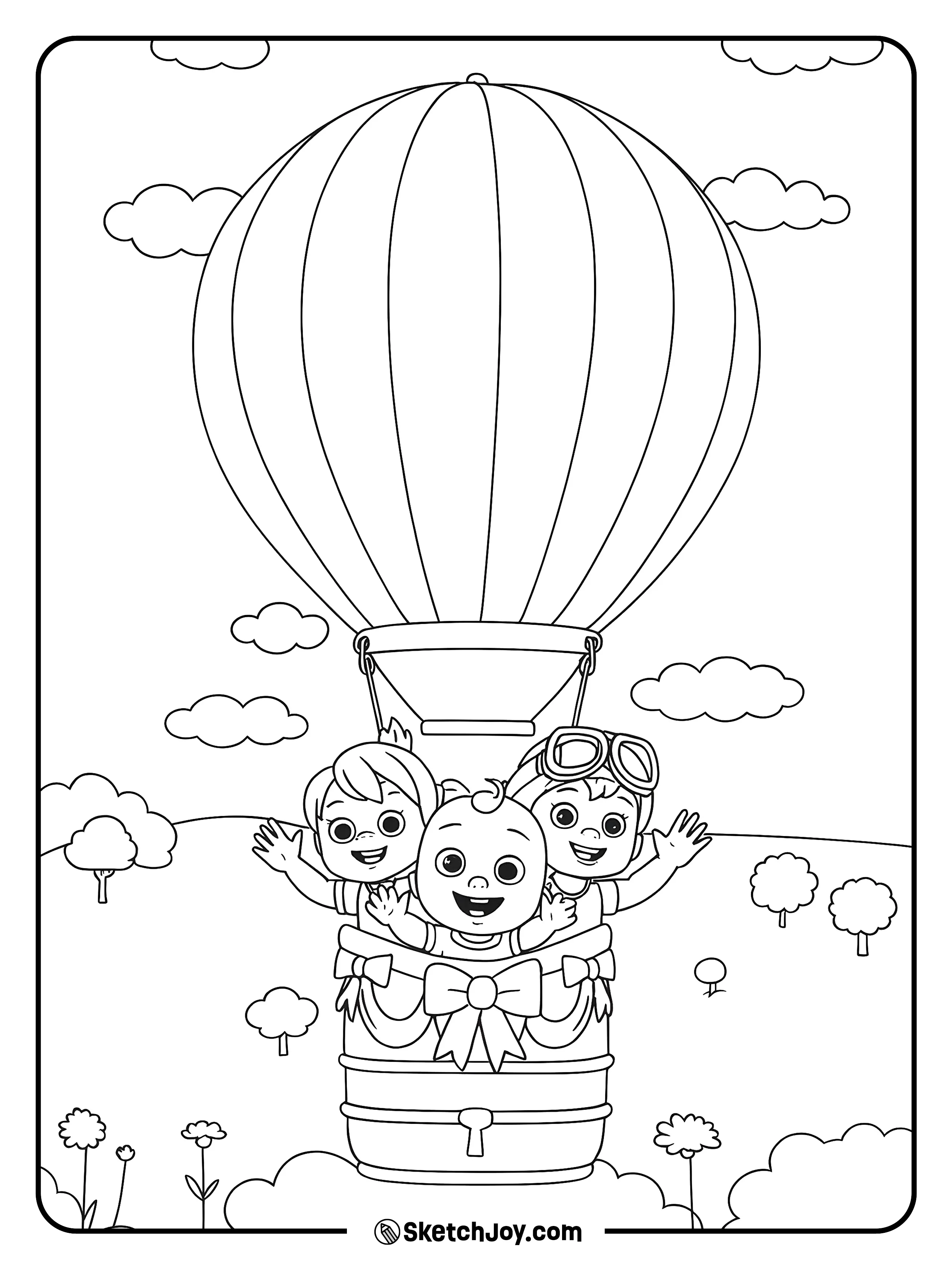 JJ rides between YoYo and TomTom in a ribbon-tied basket as they drift over gentle hills.