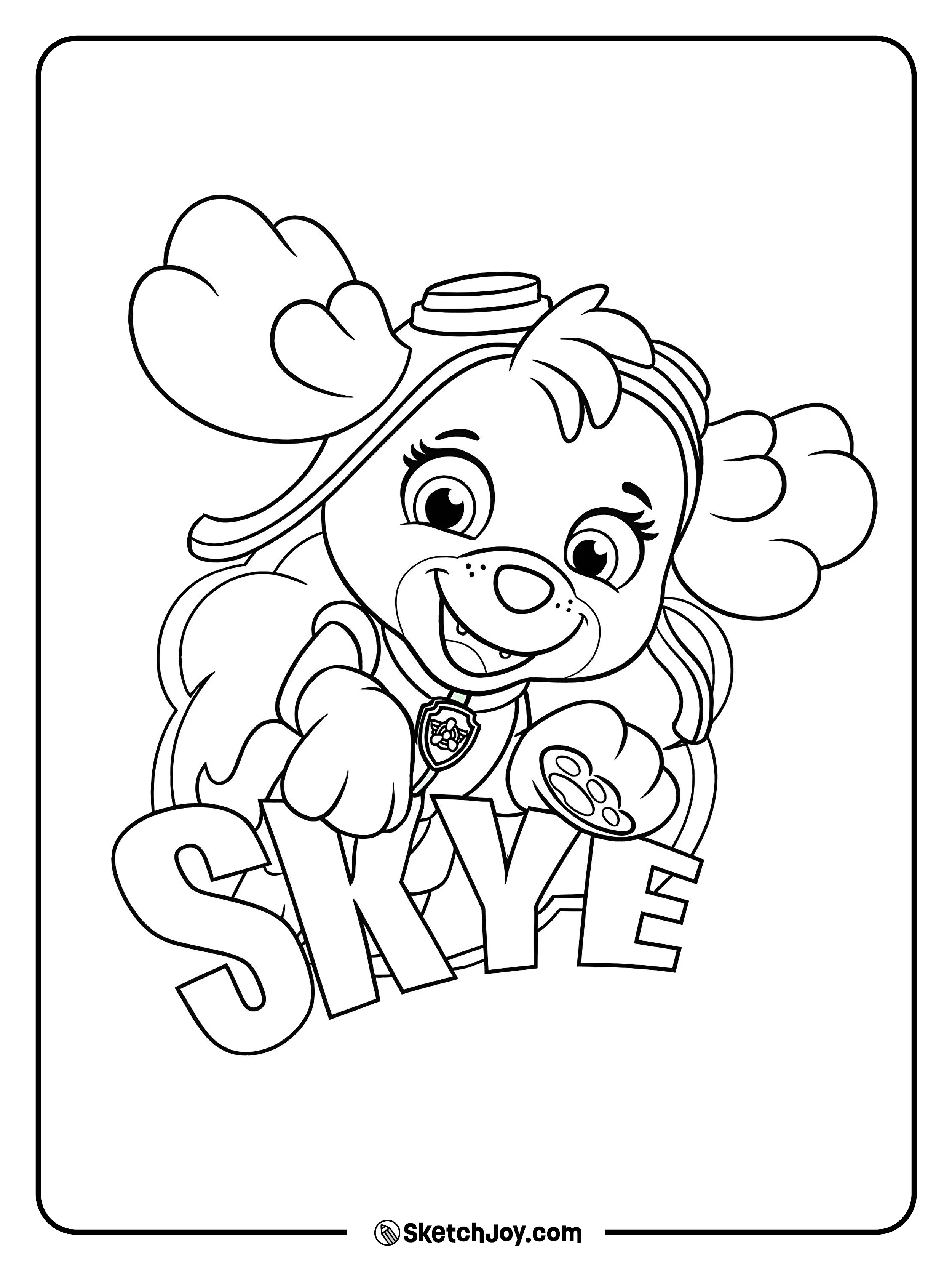 Skye smiles brightly while leaning over big block letters
