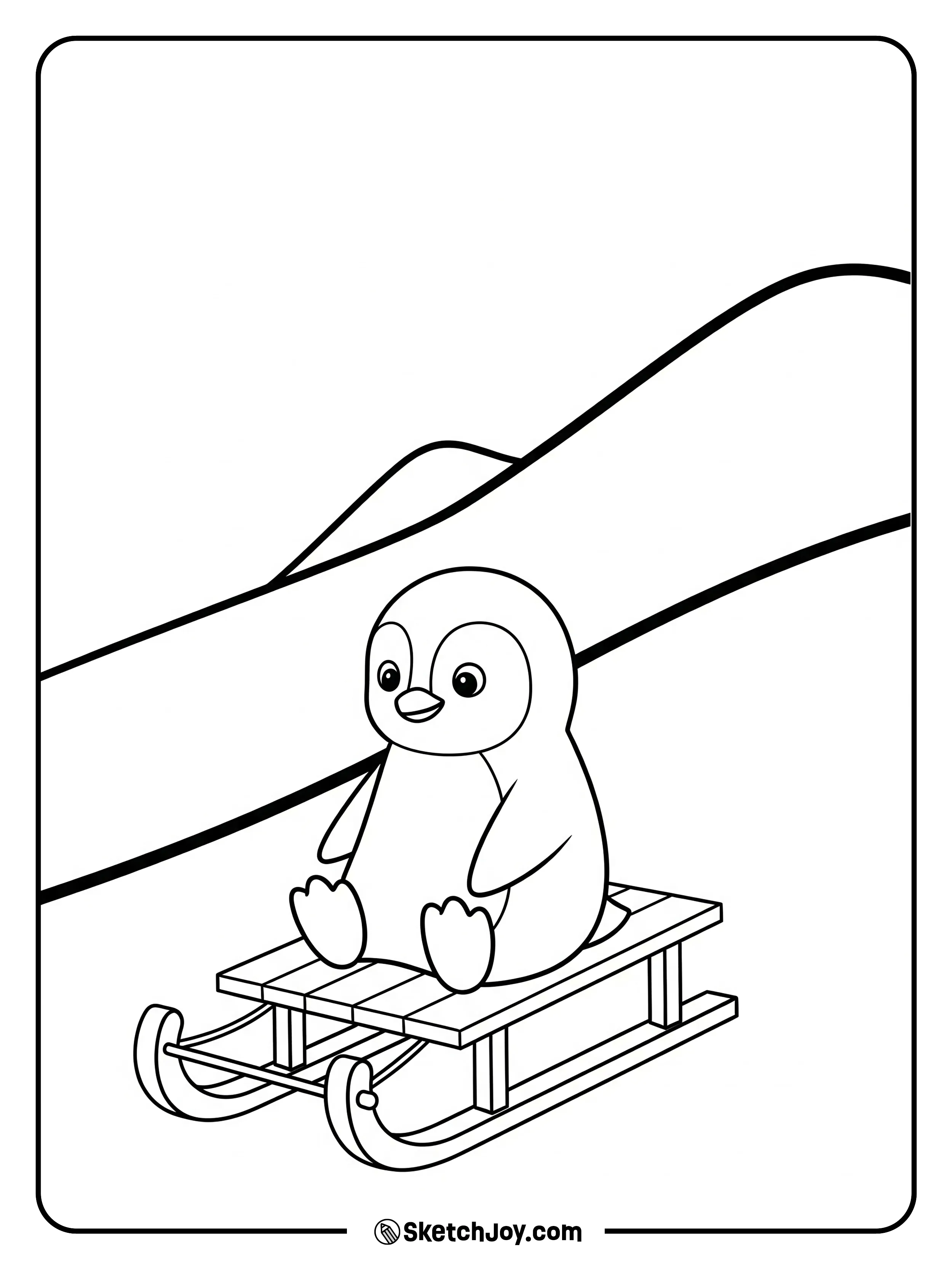 A penguin sits on a tiny sled and smiles.