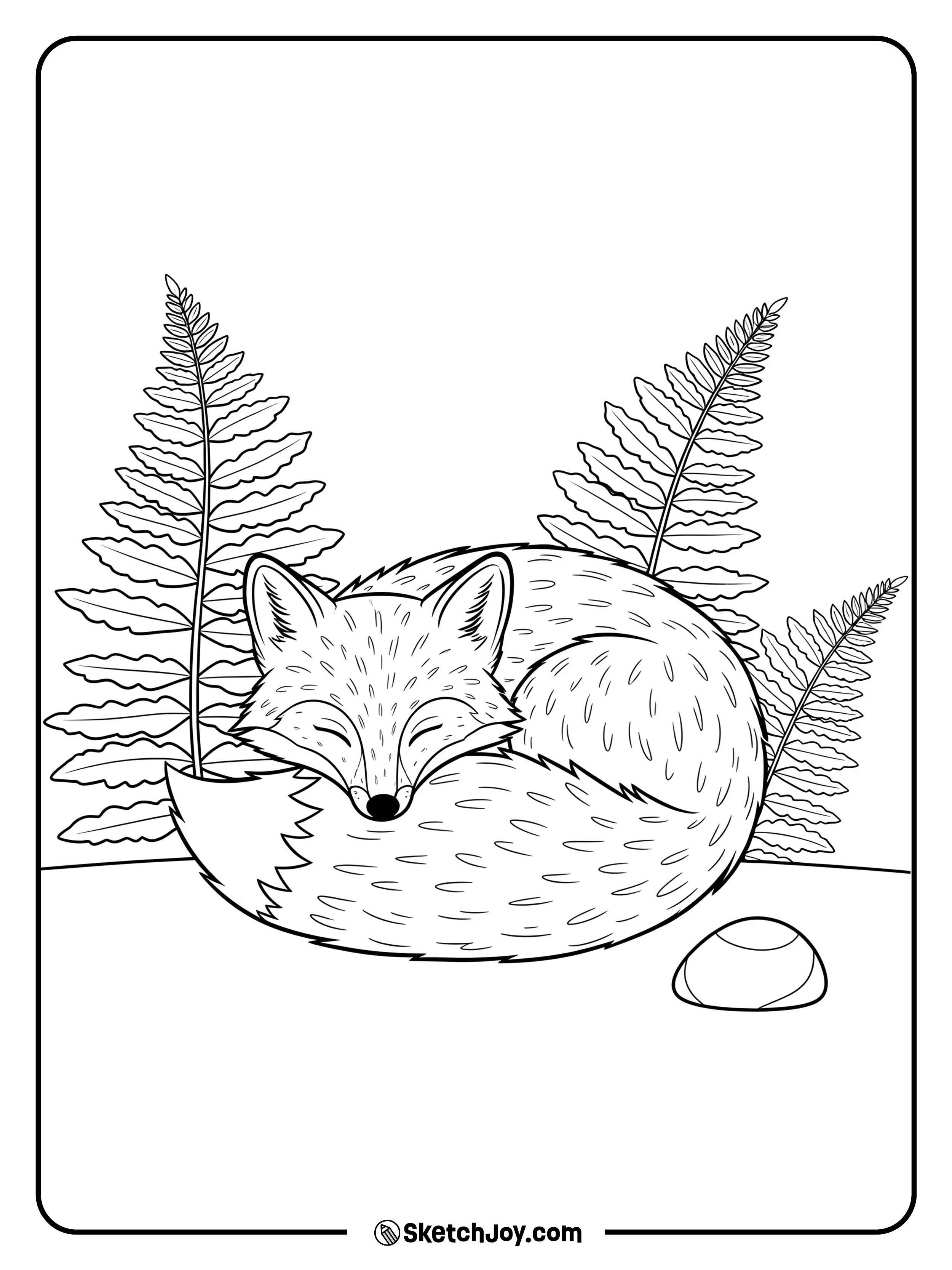 A curled fox naps beneath two big fern