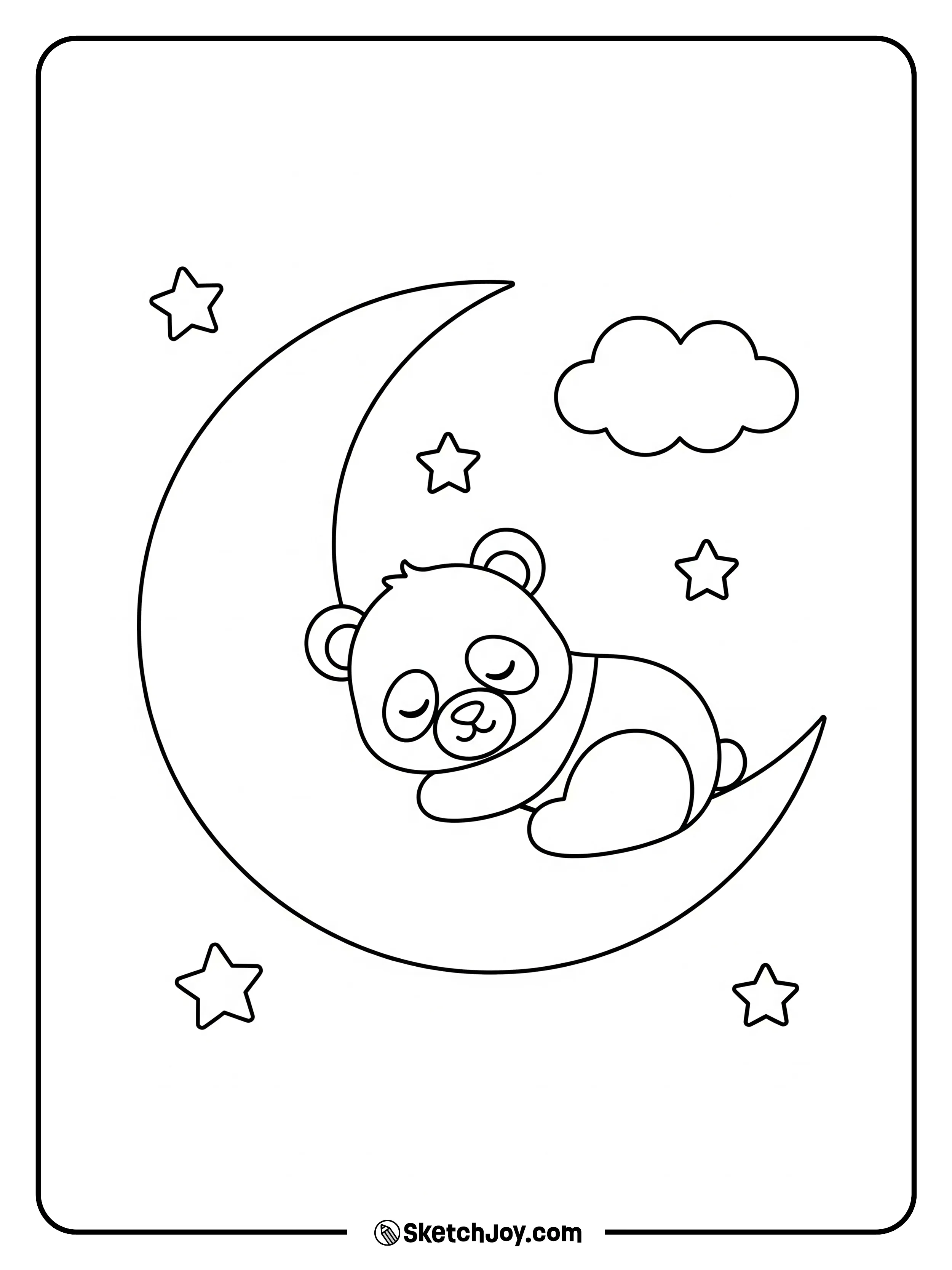 A tiny panda naps on a moon shape.