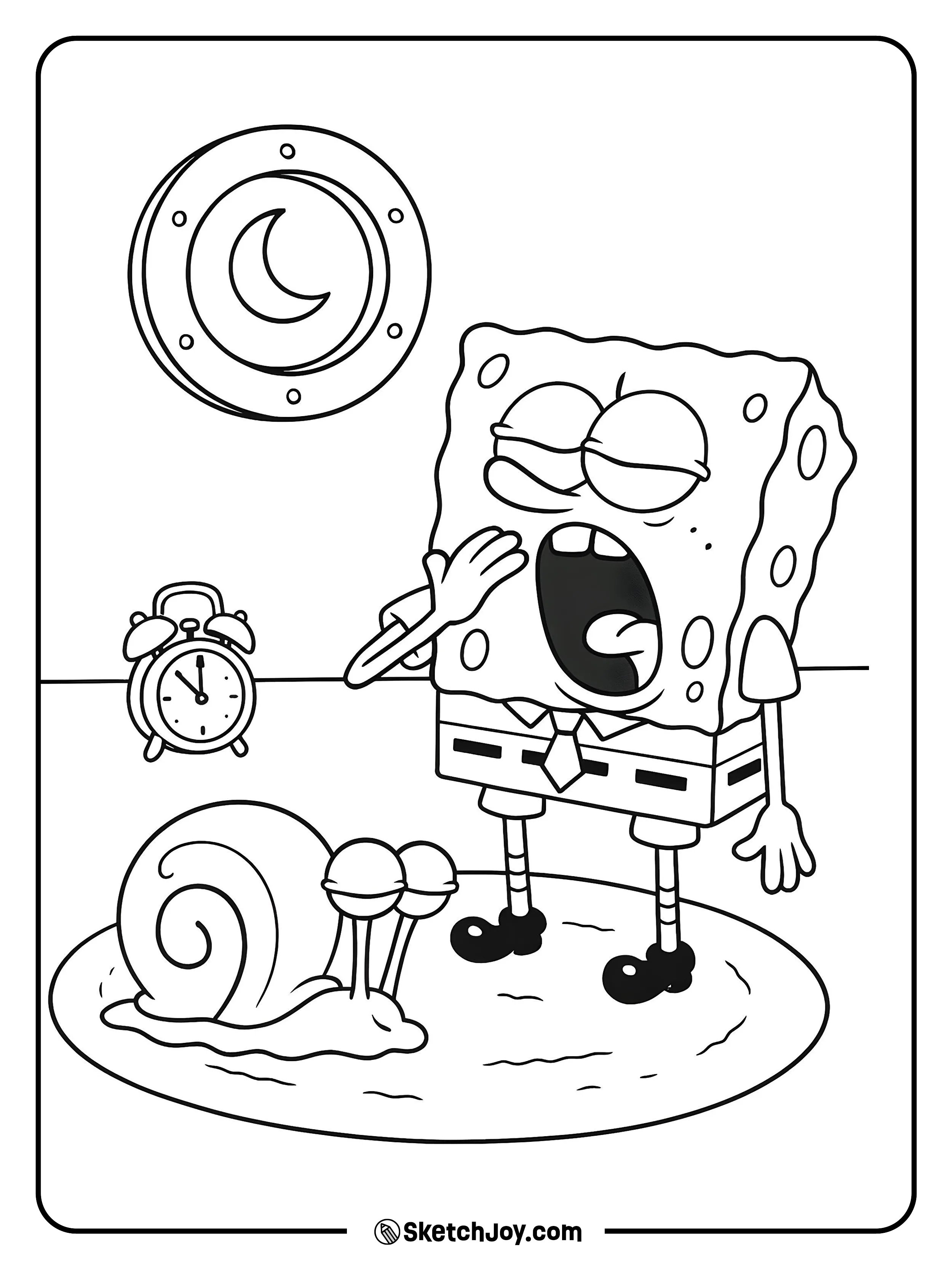 Gary snoozes on a rug while SpongeBob yawns beside a small alarm clock.